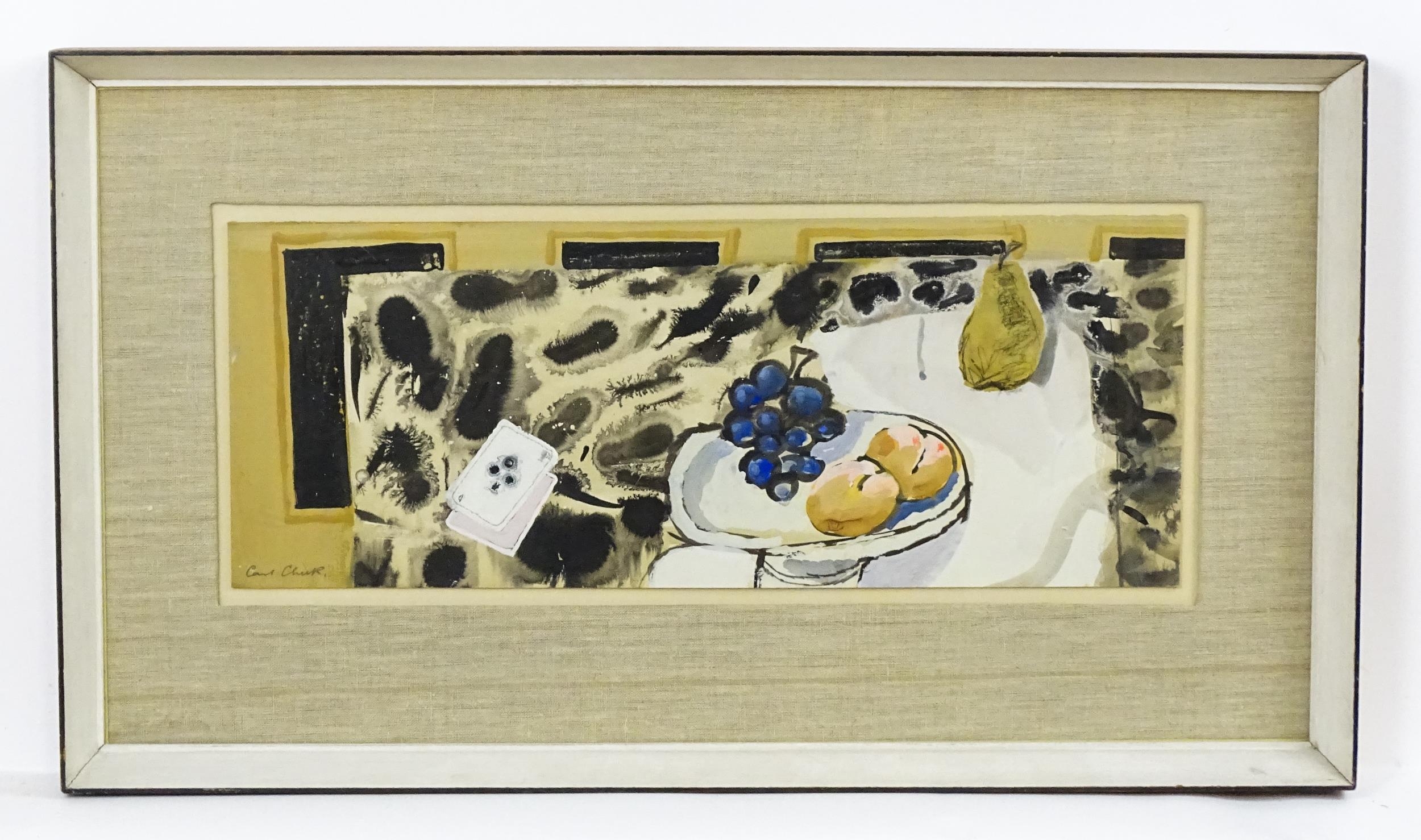 Carl Chuse, 20th century, Gouache, A still life study with peaches and a bunch of grapes in a