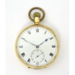 A Continental 18ct gold cased pocket watch with white enamel dial having Roman Numerals and