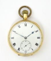 A Continental 18ct gold cased pocket watch with white enamel dial having Roman Numerals and