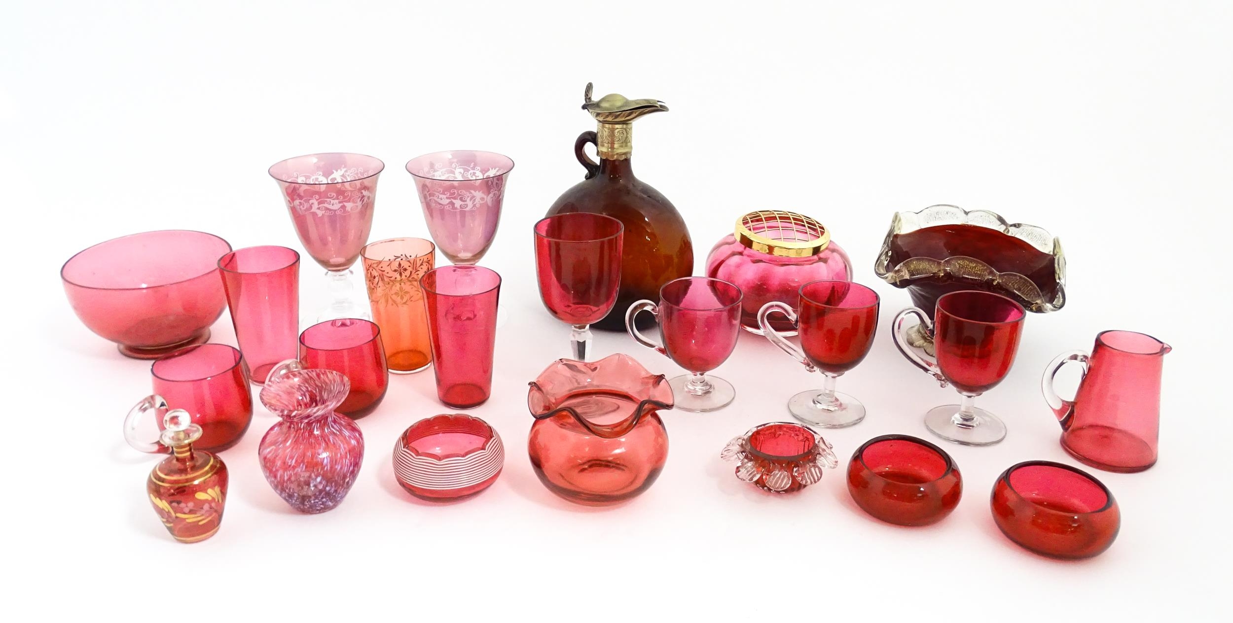 A quantity of Victorian and later assorted glassware to include cranberry glass beakers, drinking - Image 3 of 14