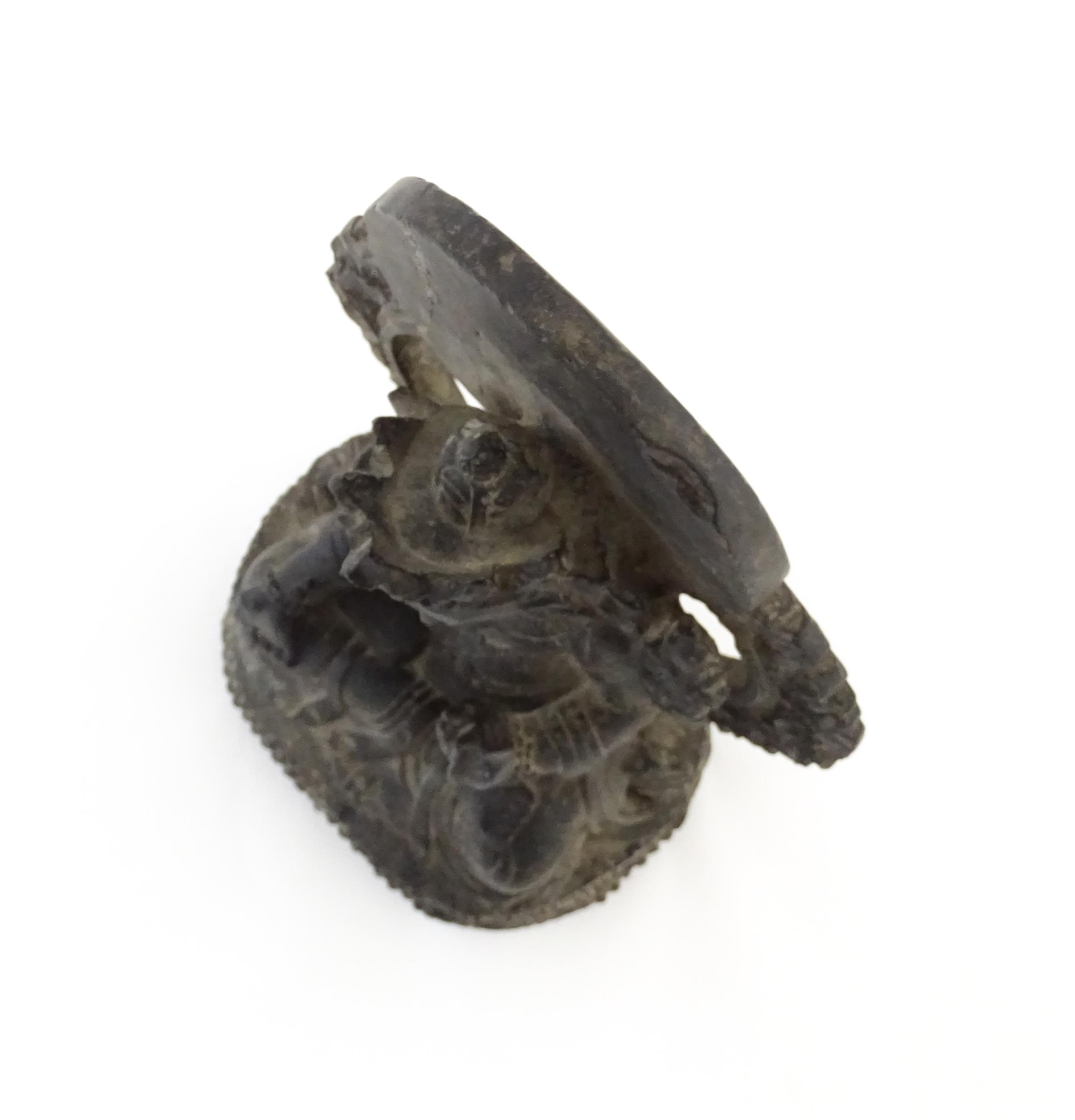 An Asian carved soapstone model of a seated deity on a stylised lotus. Approx. 14 1/2" high Please - Image 8 of 8