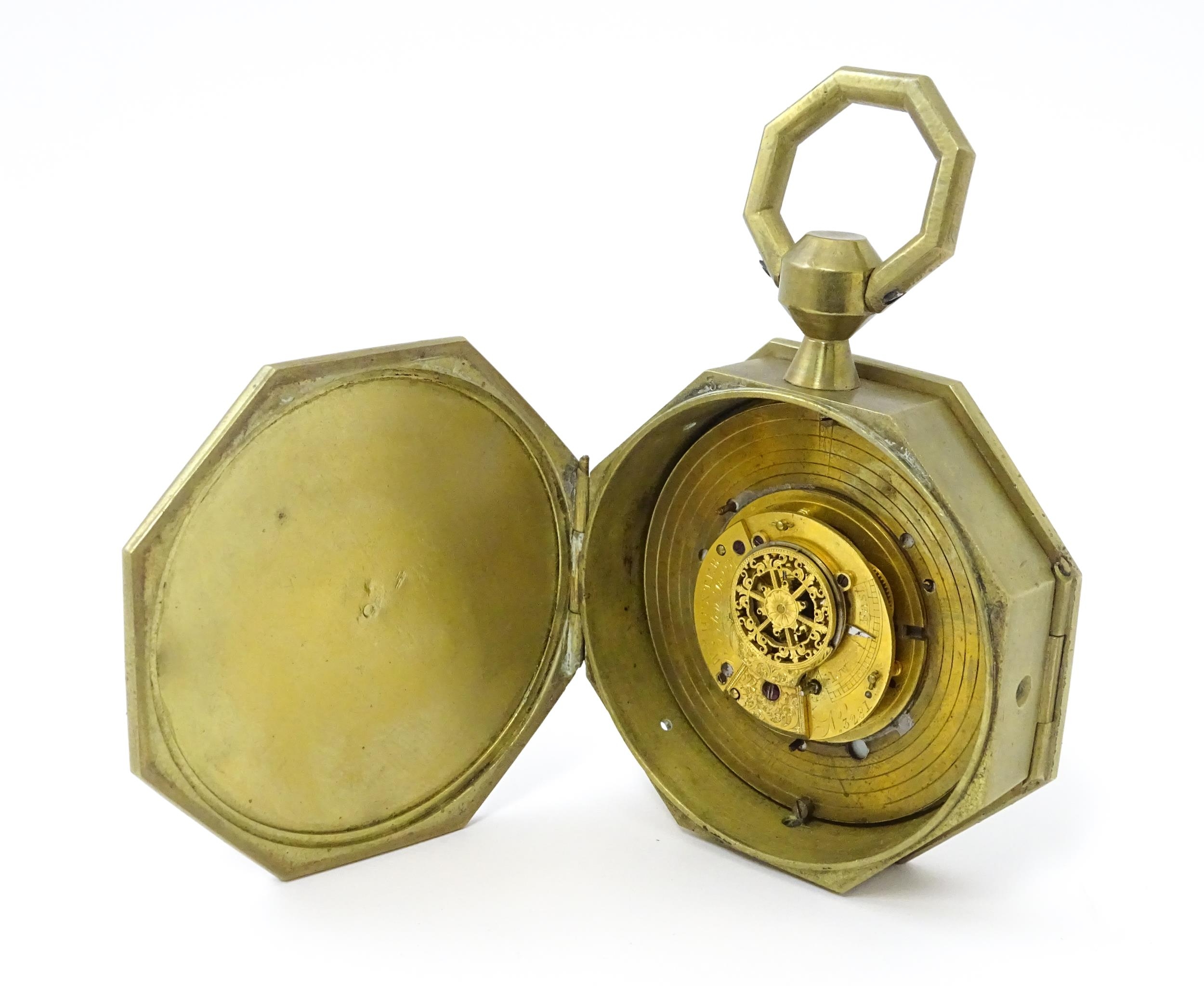A brass cased hanging sedan style clock of octagonal form, with Roman hours and Arabic seconds. - Image 9 of 10
