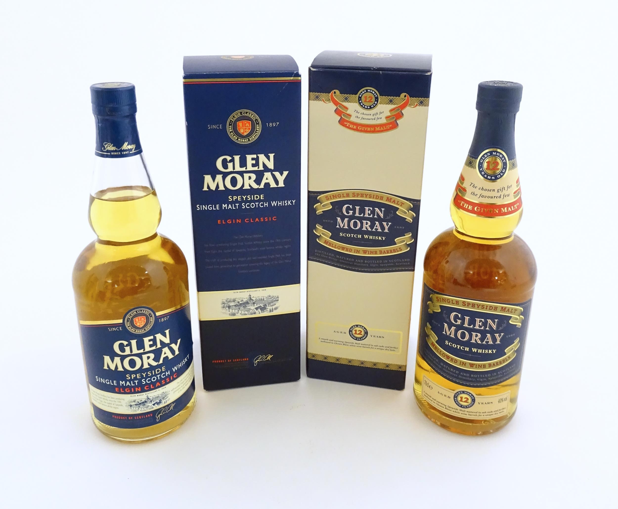 A boxed 70cl bottle of Glen Moray single malt scotch whisky, together with a boxed 70cl bottle of