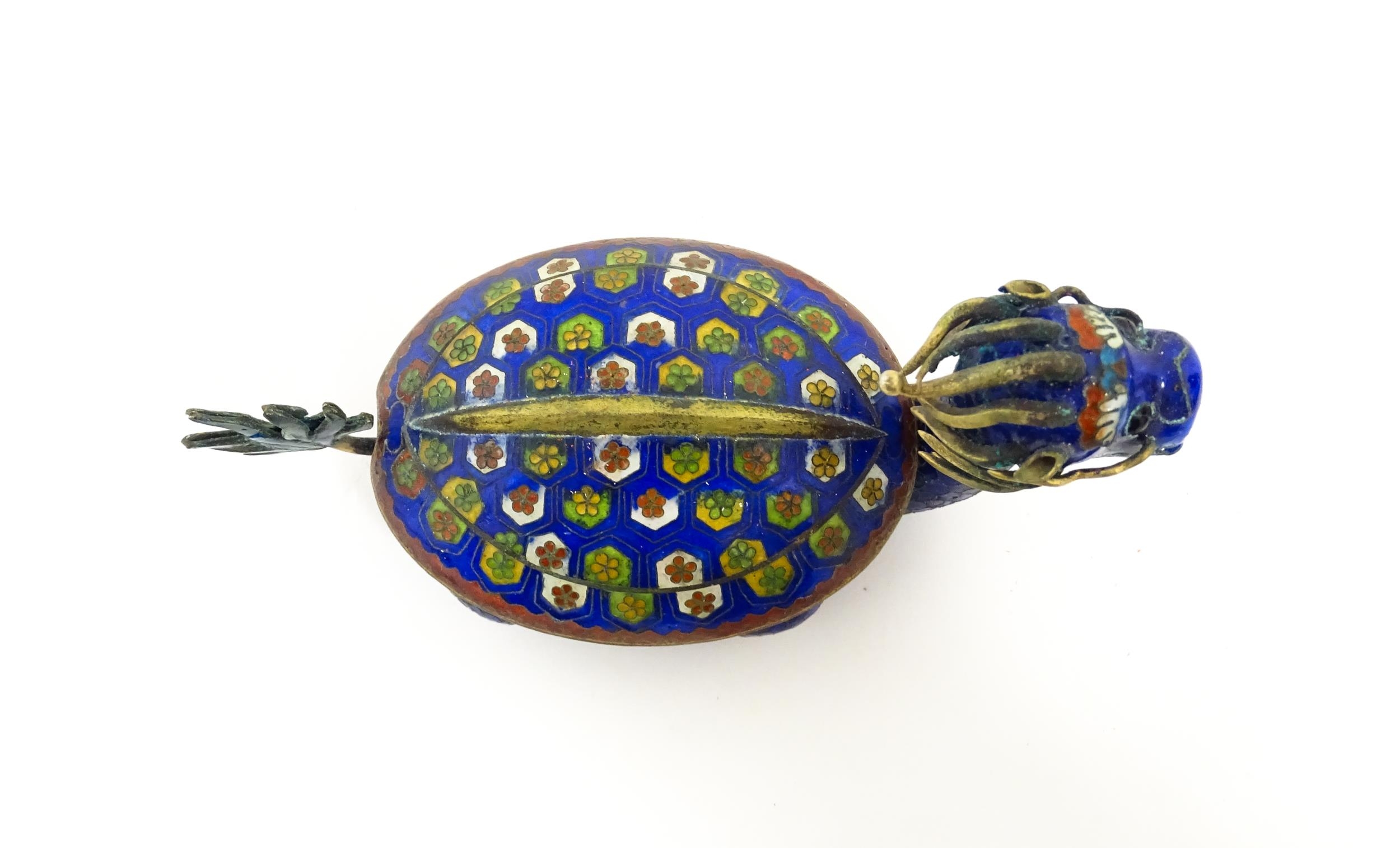 A Chinese cloisonne pot and cover modelled as a Dragon Turtle mythical creature. Approx. 5 1/4" long - Image 7 of 7