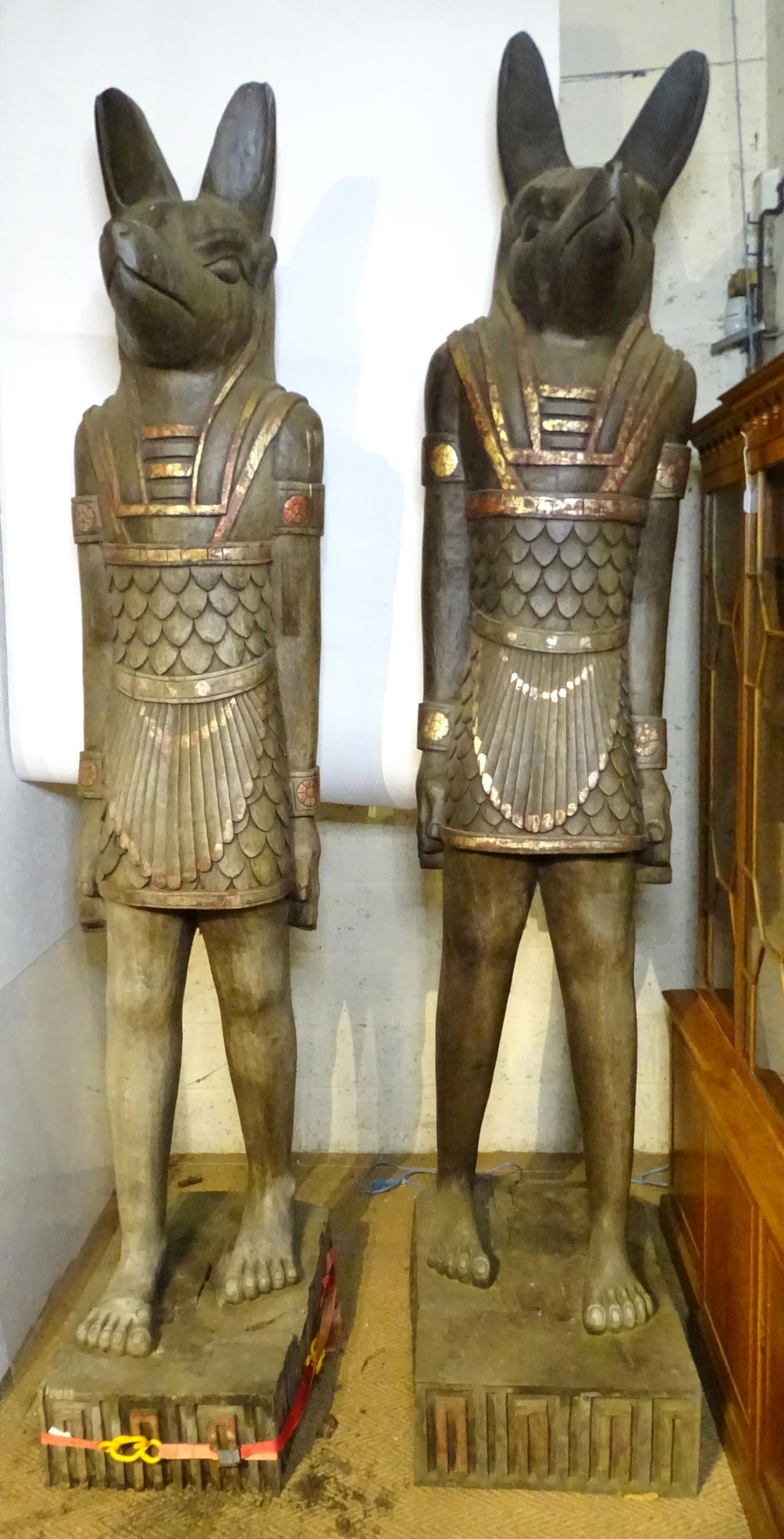 A pair of very large 20thC carved wooden standing Anubis / Ancient Egyptian dog god statues with - Image 9 of 52