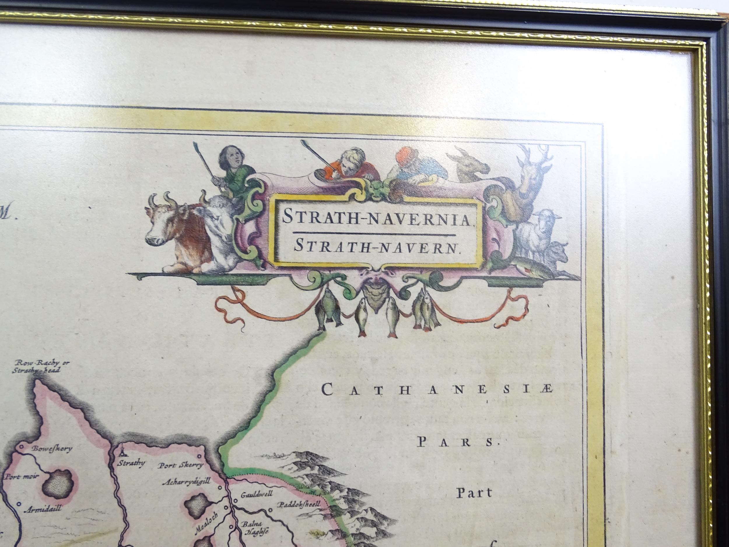 Map: A 17thC engraved and hand coloured map of Scotland titled Strath-Navernia / Strath Navern after - Image 4 of 6