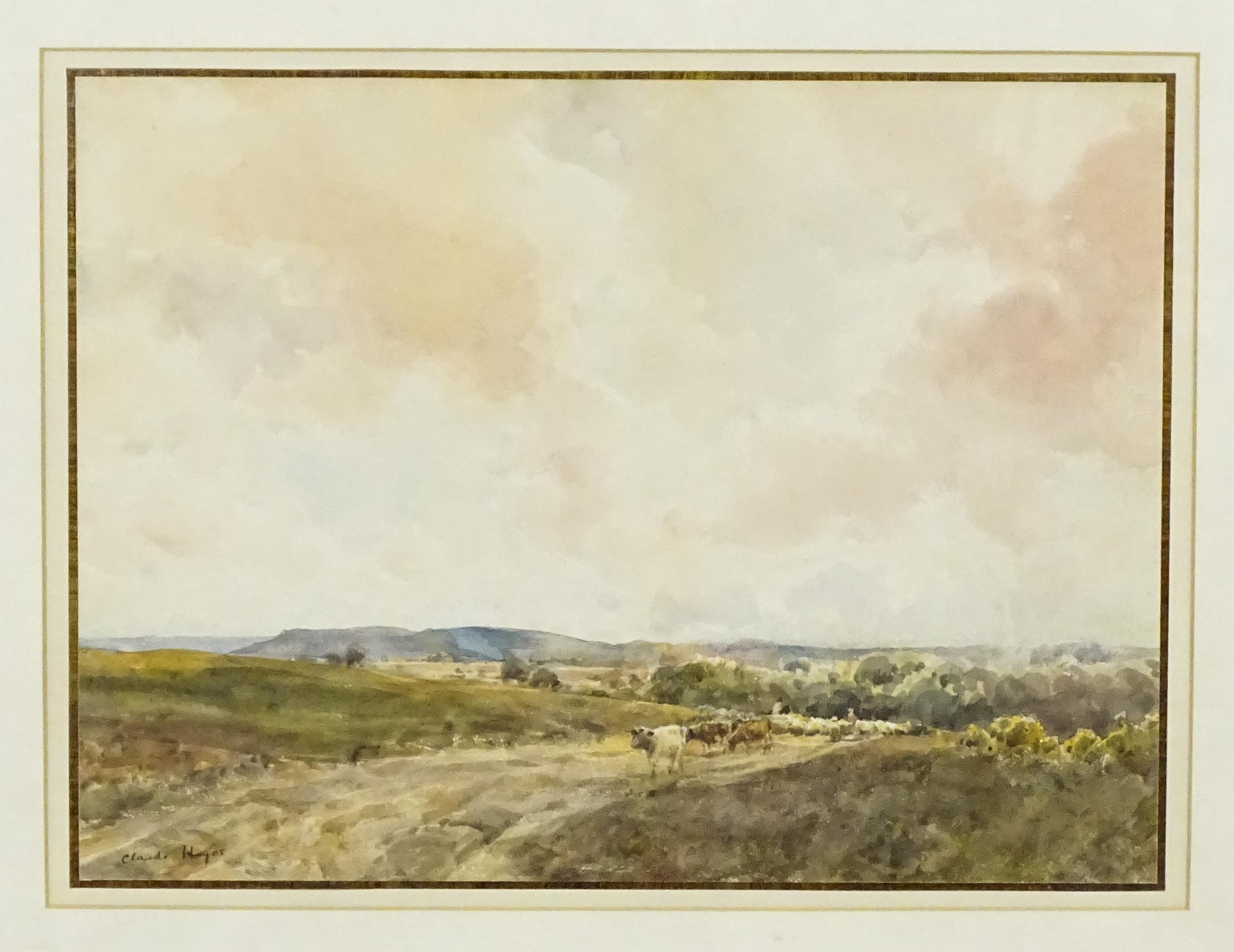 Claude Hayes (1852-1922), Watercolour, A landscape with a drover with cattle and sheep on a hill - Image 3 of 4