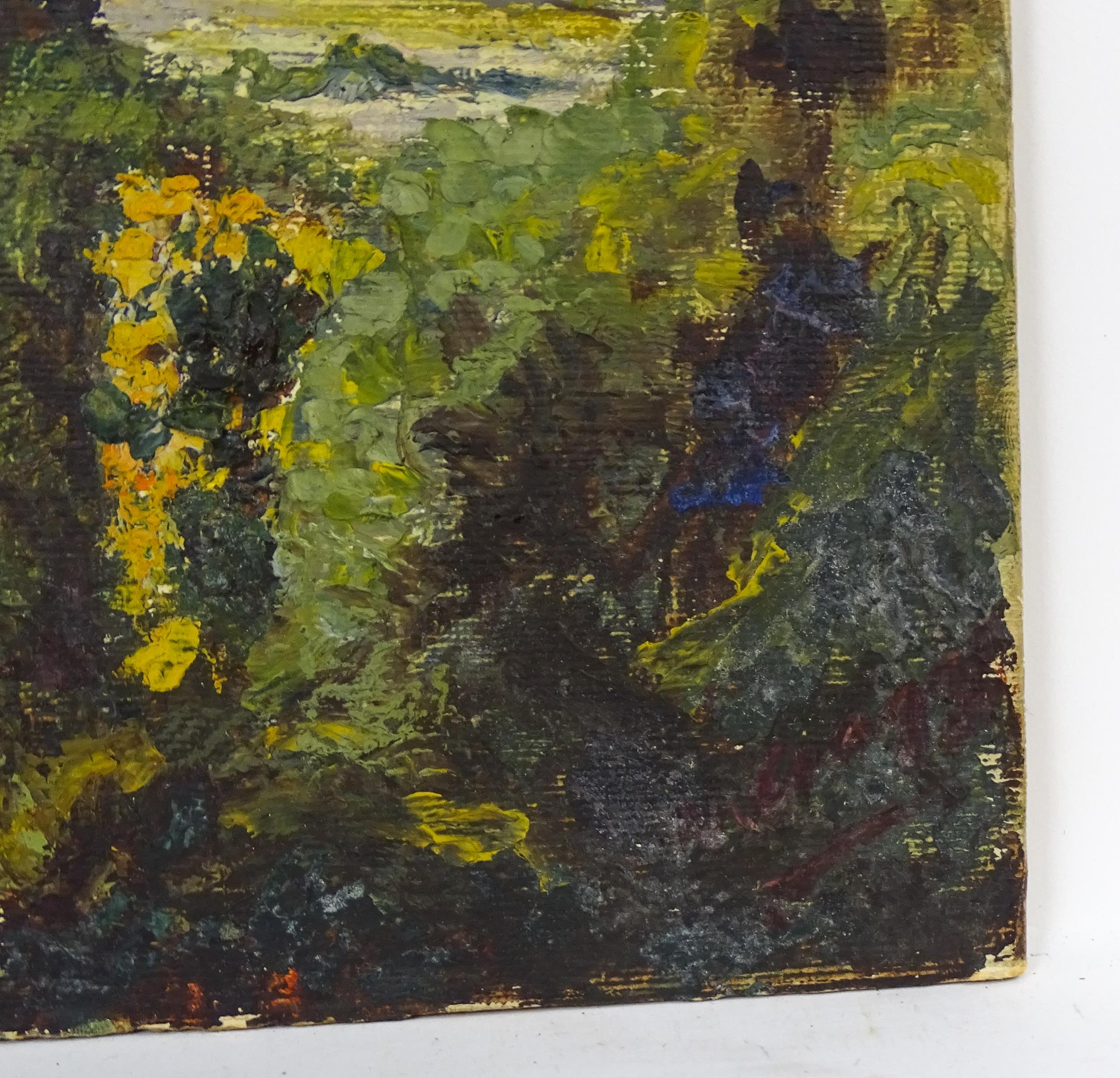 20th century, Oil on canvas board, A country landscape scene with a figure on a lane. Approx. 8 1/2" - Image 4 of 4