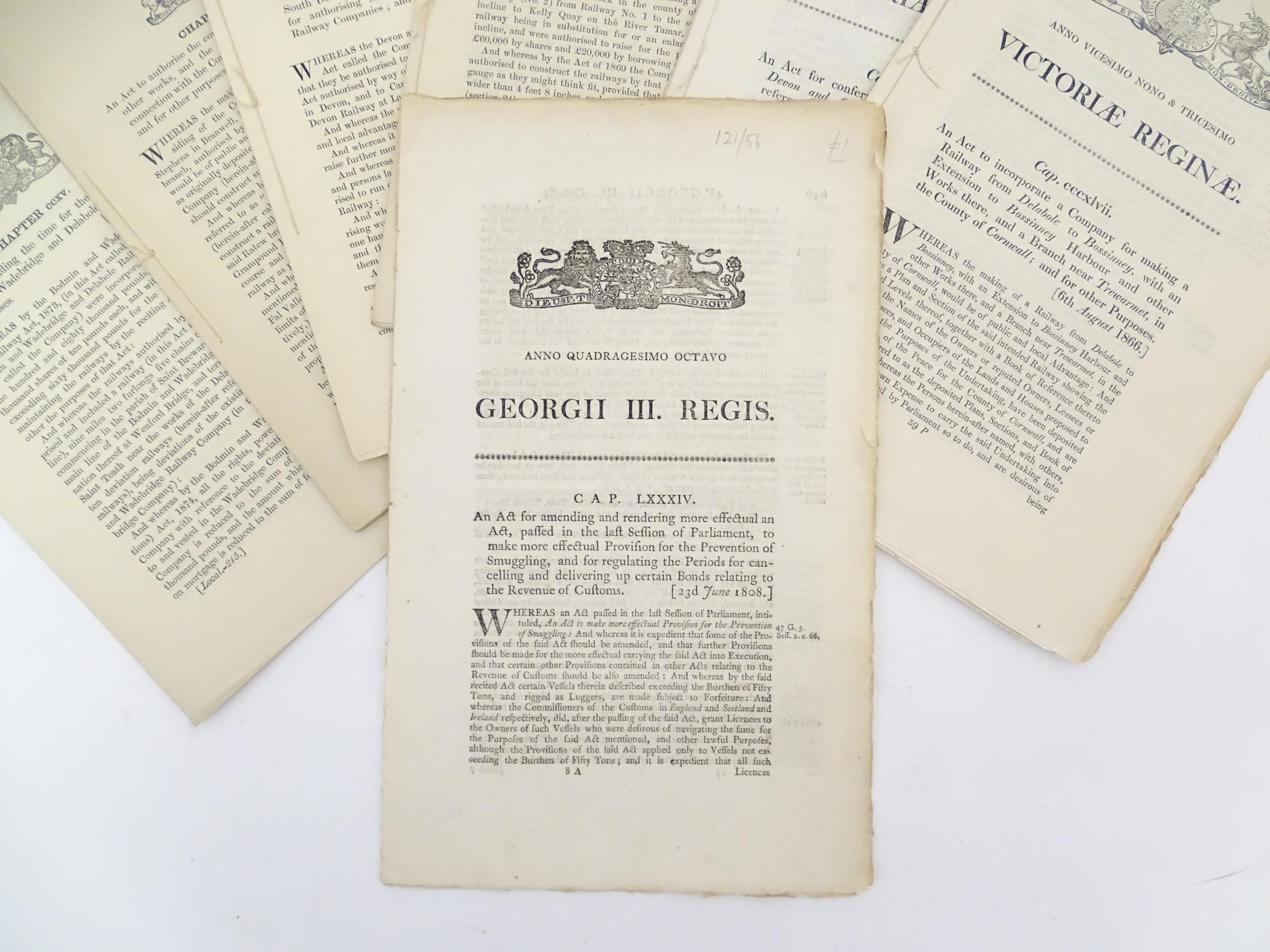 Three assorted 19thC Act of Parliament documents comprising George III 1808, Victorian 1866 & - Image 3 of 9