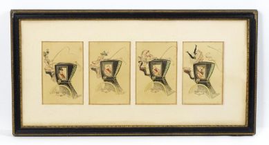 A set of four French 19thC humorous picture postcards mounted together, depicting a gentleman in a