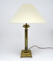 A brass table lamp of column form on squared base. Approx. 18" high Please Note - we do not make