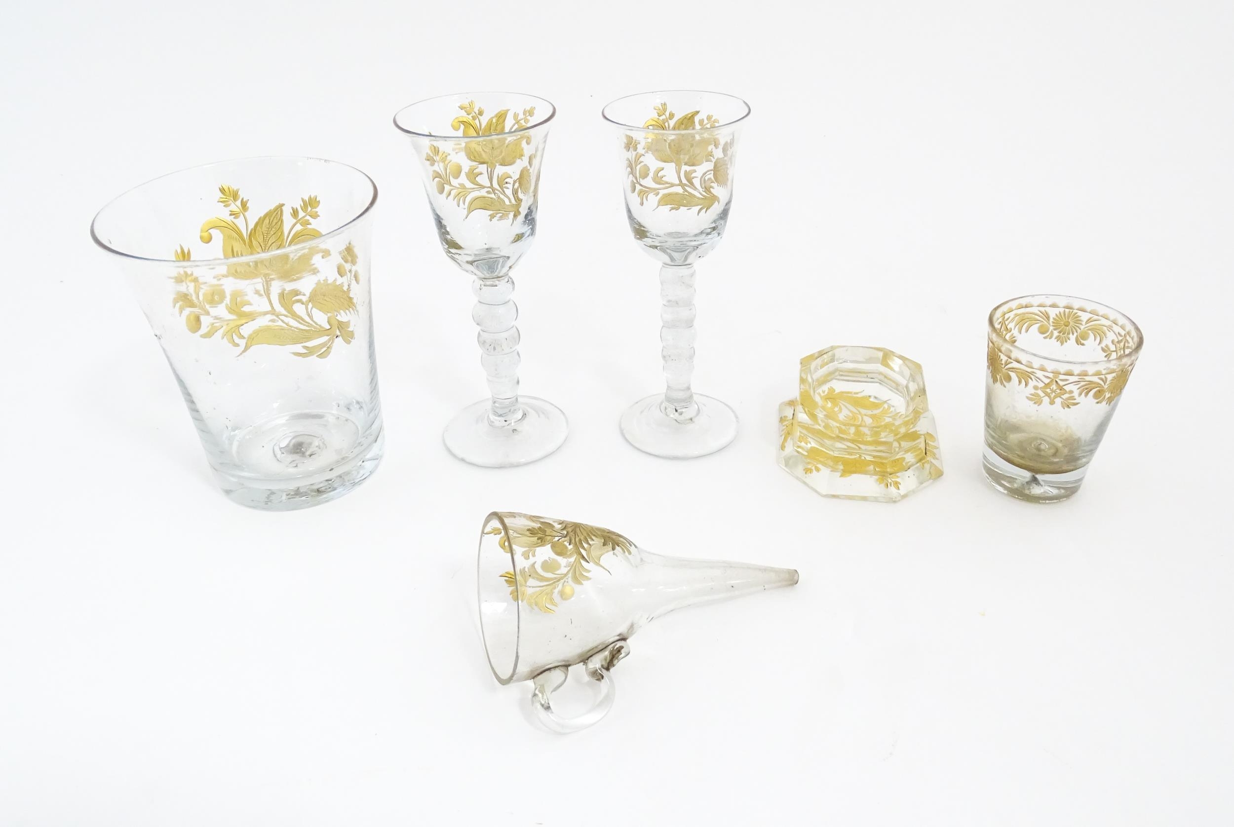 18thC glass to include 18thC wine glasses, beakers, funnel, etc. with engraved gilt foliate and - Image 9 of 11