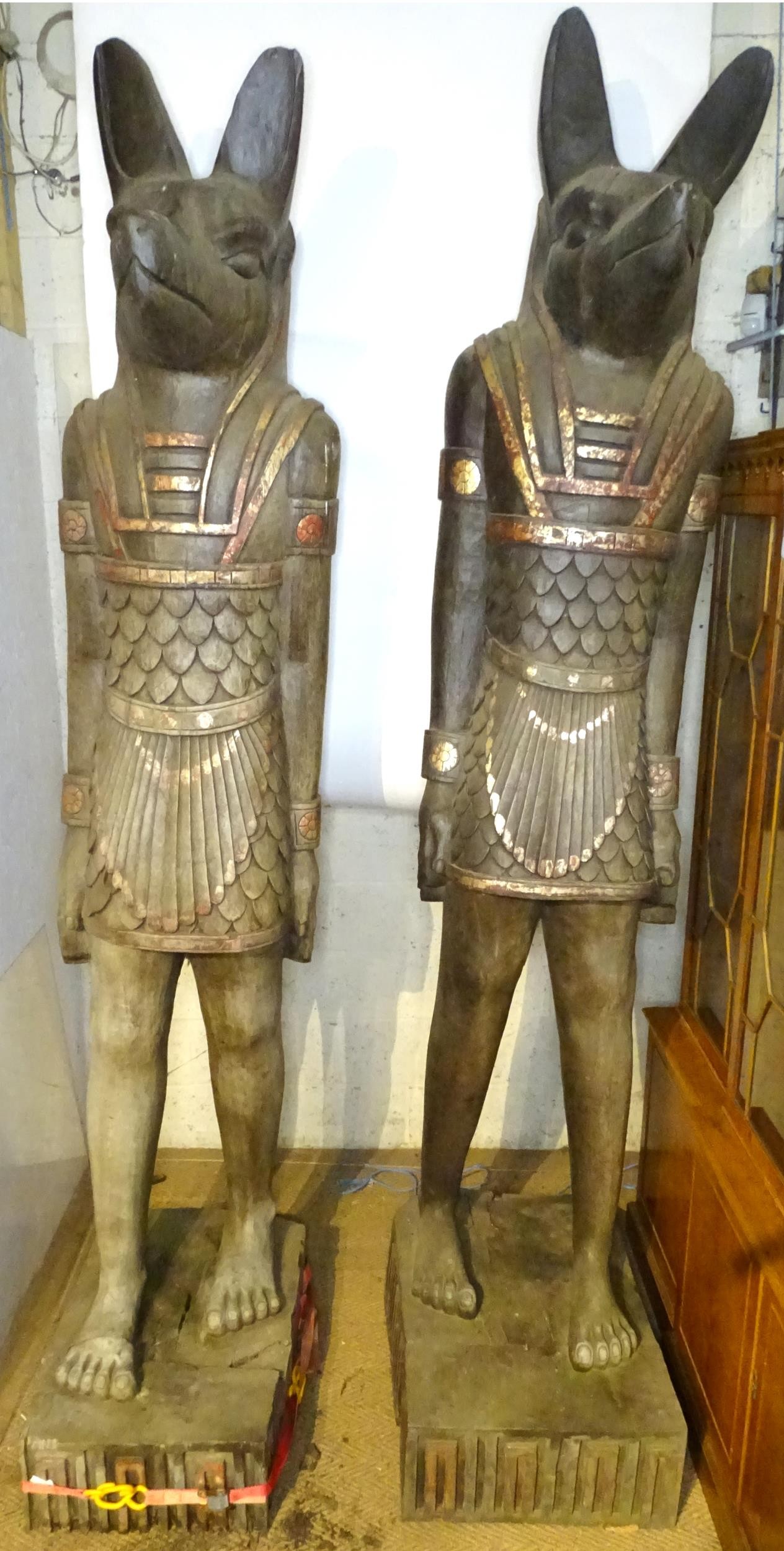 A pair of very large 20thC carved wooden standing Anubis / Ancient Egyptian dog god statues with - Image 16 of 52