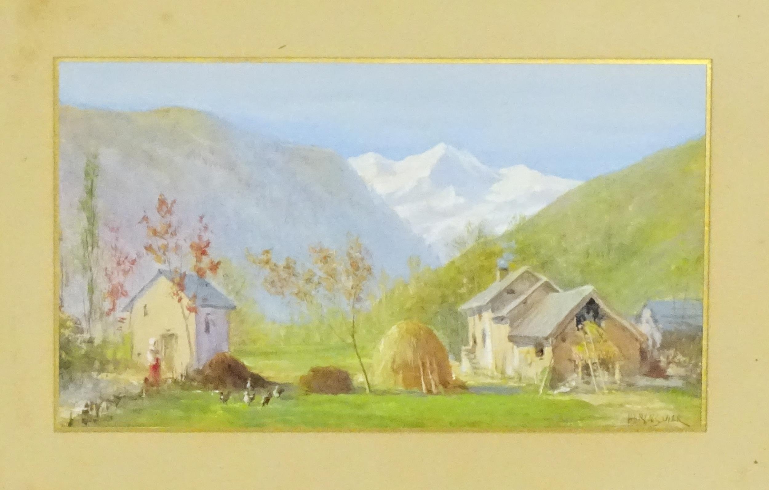 Bringuier, Early 20th century, Watercolour, A Swiss farm scene with figures, chickens and hay stook, - Image 3 of 4