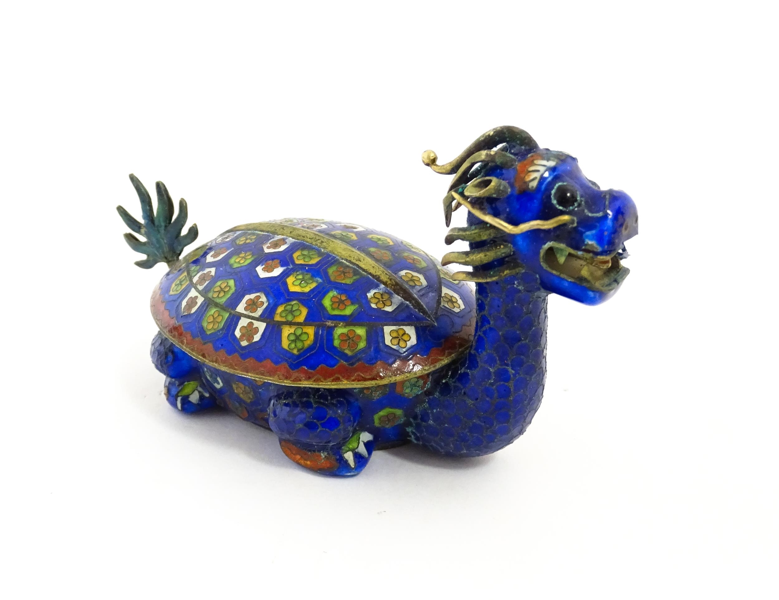 A Chinese cloisonne pot and cover modelled as a Dragon Turtle mythical creature. Approx. 5 1/4" long - Image 5 of 7