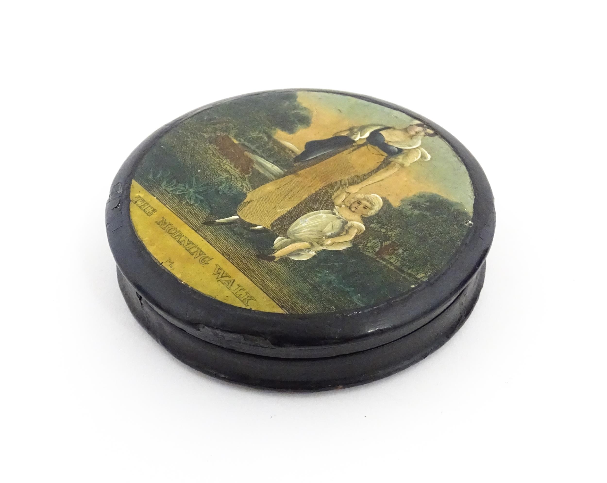 A 19thC papier mache lacquered snuff box of circular form, the lid with applied engraving titled The - Image 4 of 10