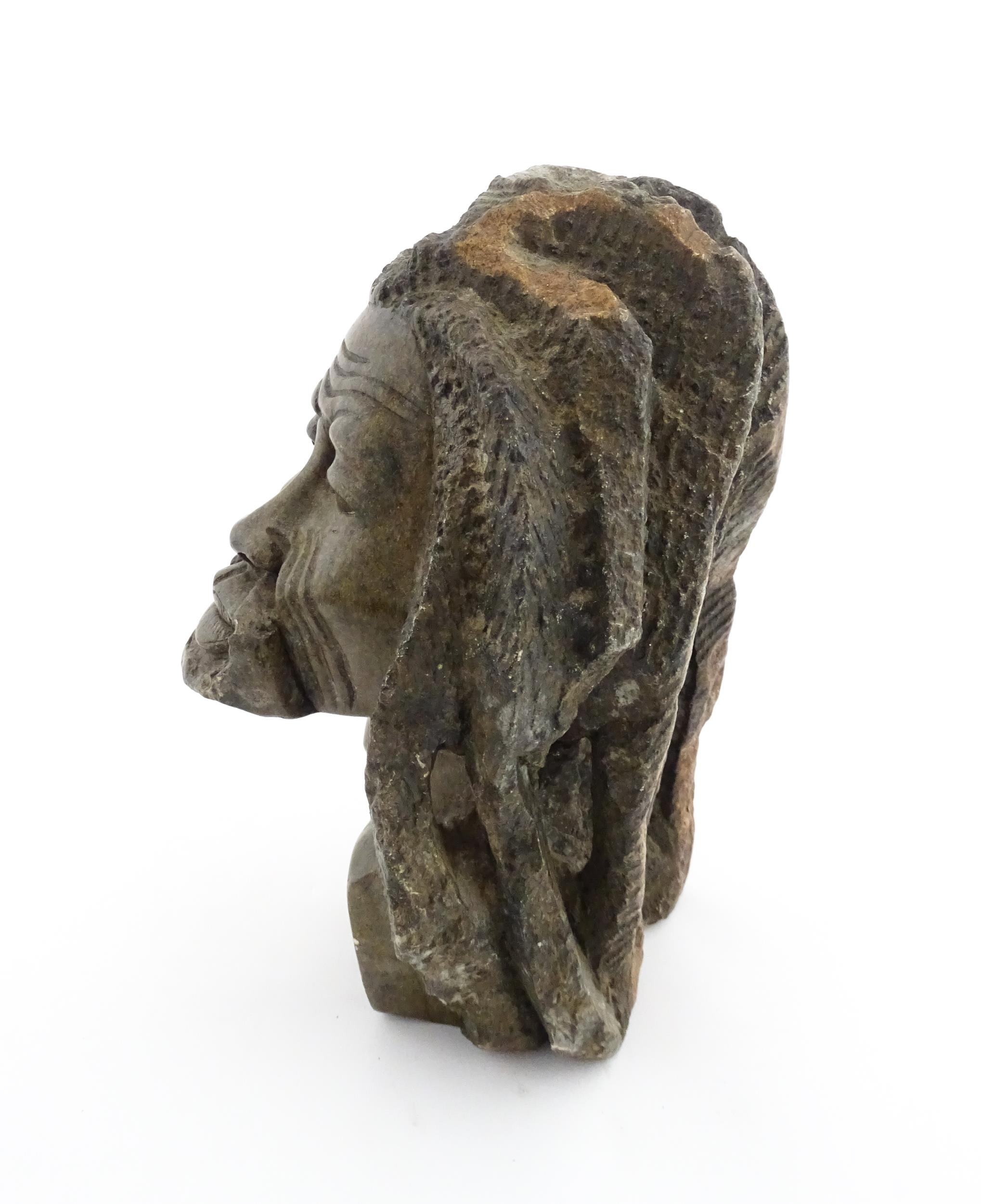 Ethnographic / Native / Tribal : An African carved soapstone bust modelled as a man with dreadlocks. - Image 5 of 7