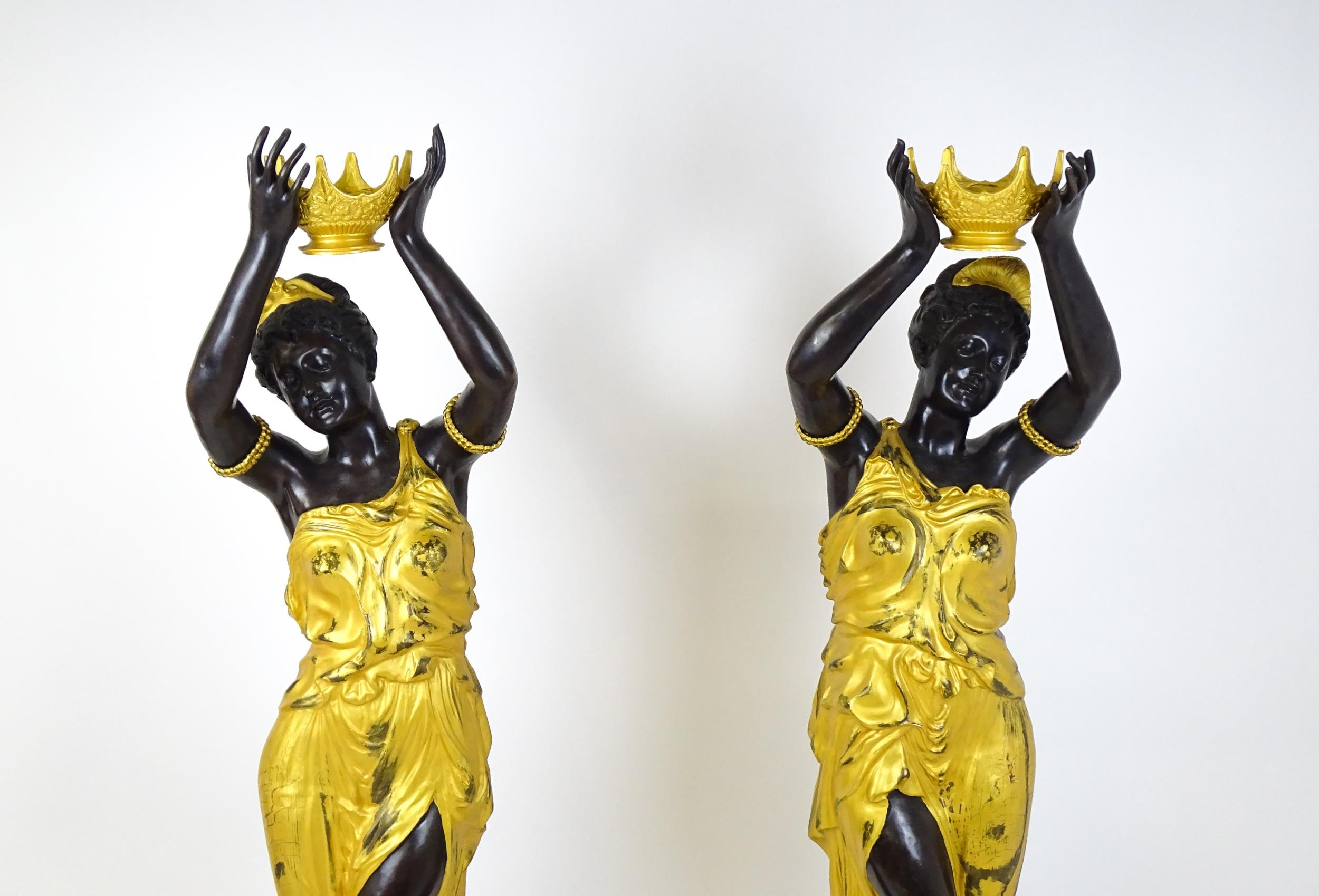 A pair of large cast bronze female blackamoor torcheres with gilt detail, raised on marble - Image 7 of 15
