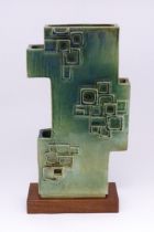 An abstract studio pottery sculpture / vase with square detail by Stephen Bailey. Stamped to base.