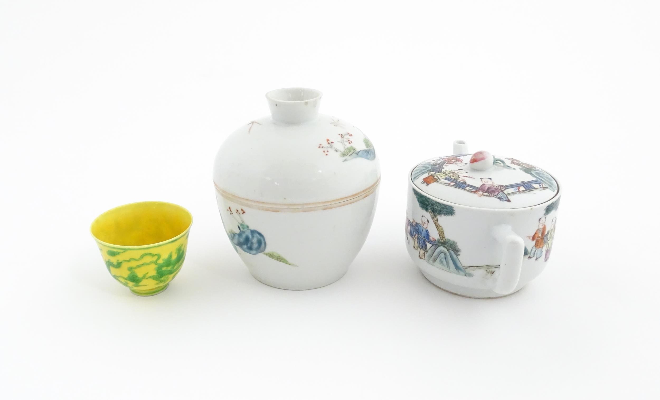 Three Chinese items comprising a famille rose pot and cover decorated with figures, a teapot - Image 7 of 14