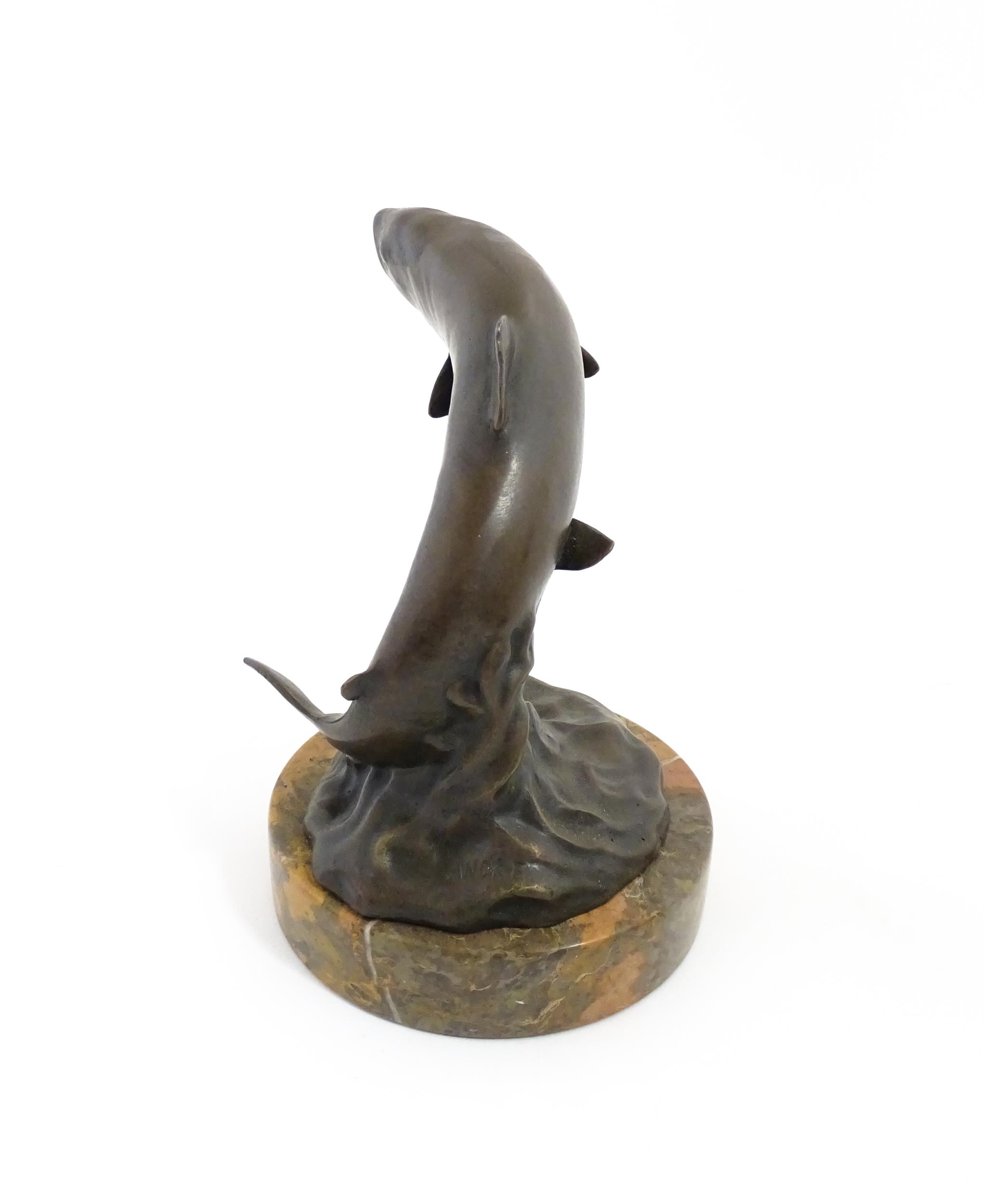 A 20thC cast bronze sculpture modelled as a leaping salmon / fish. Cast signature Andre to base. - Image 5 of 9