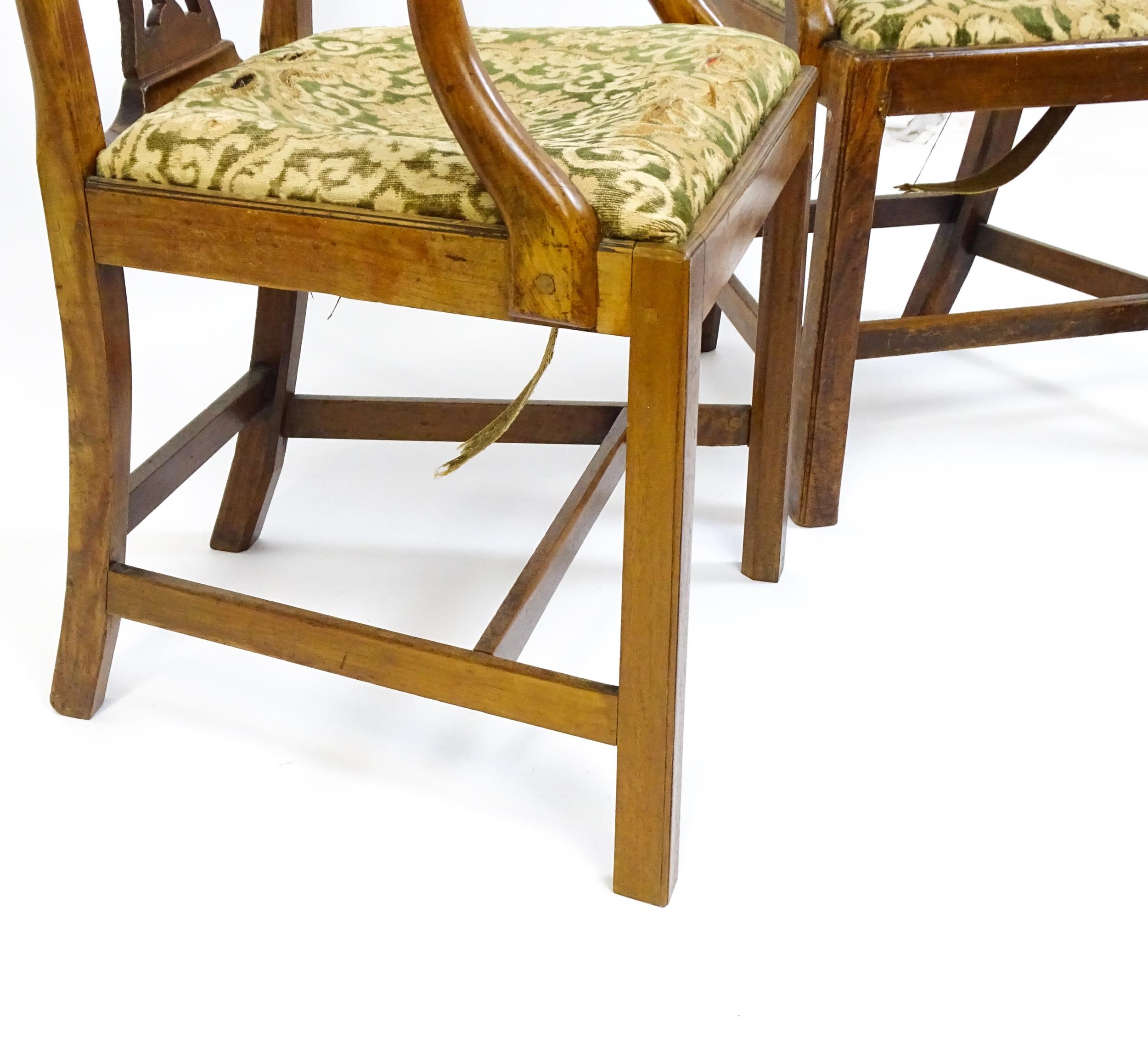 A pair of late 18thC fruitwood elbow chairs with Chippendale back splats, swept arms, drop in - Image 3 of 6