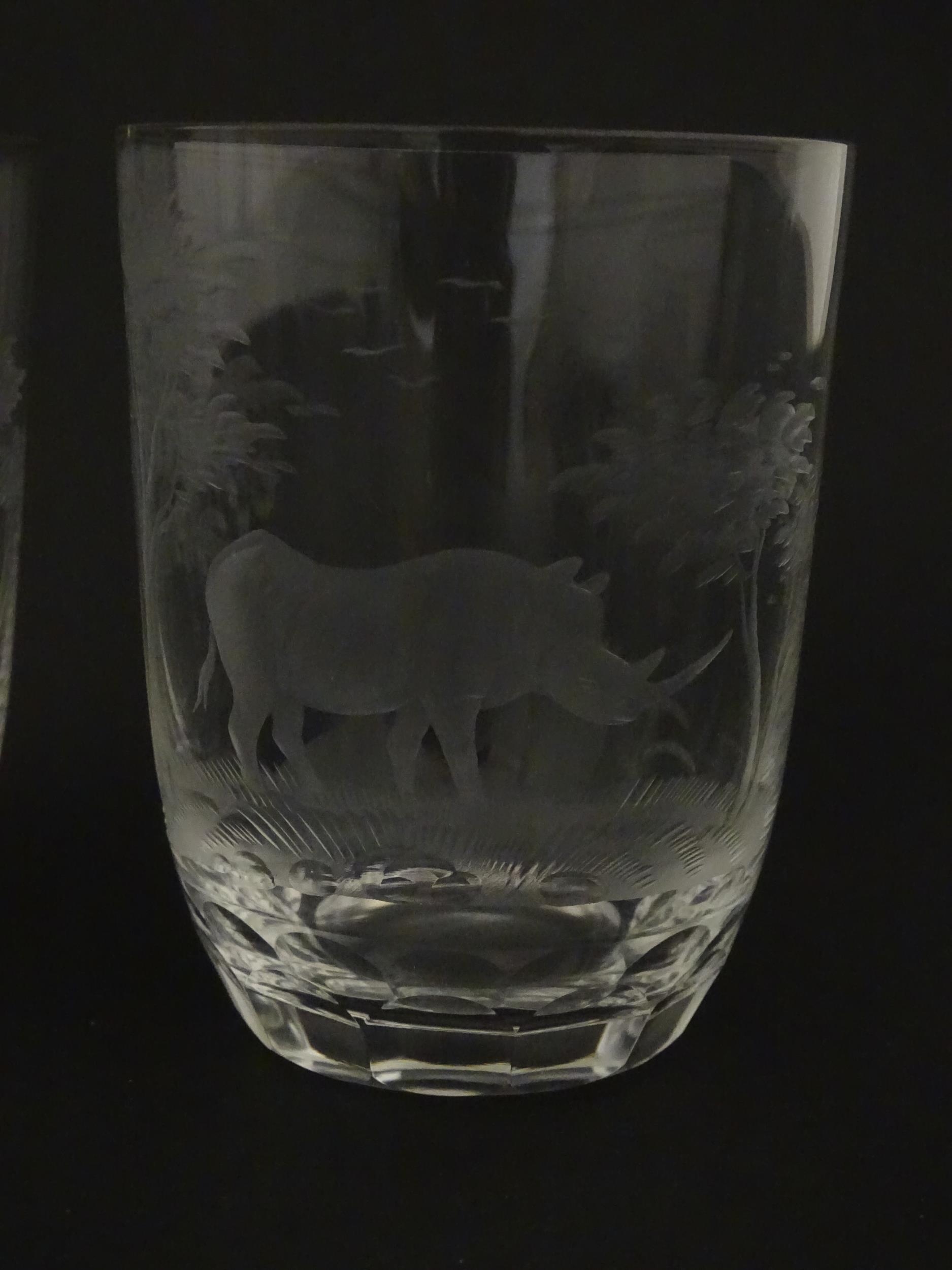 Six Rowland Ward tumbler glasses with engraved Safari animal detail. Unsigned Approx. 3 3/4" high ( - Image 4 of 13