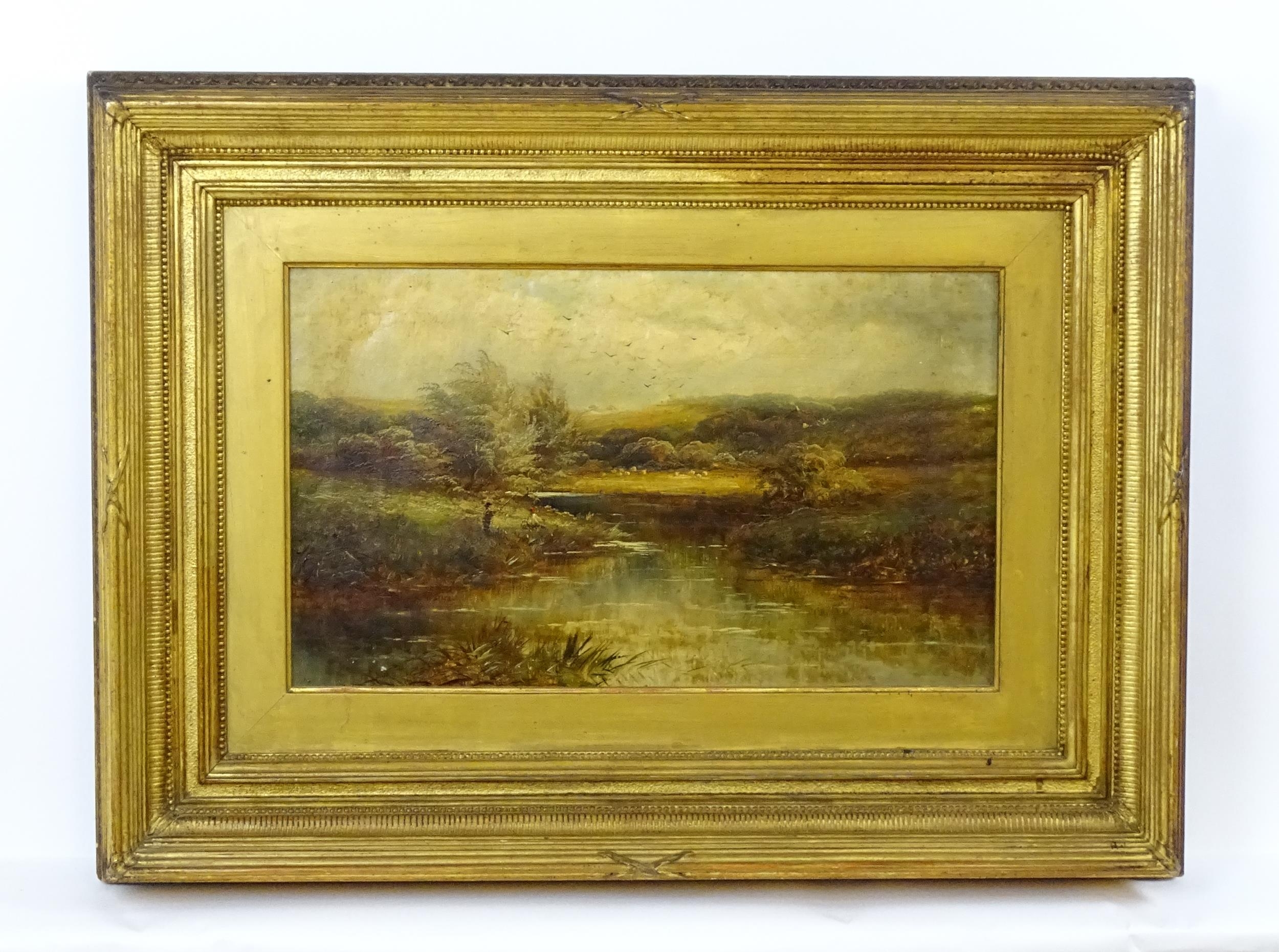 19th century, English School, Oil on canvas, A river landscape with fishermen. Approx. 11 3/4" x