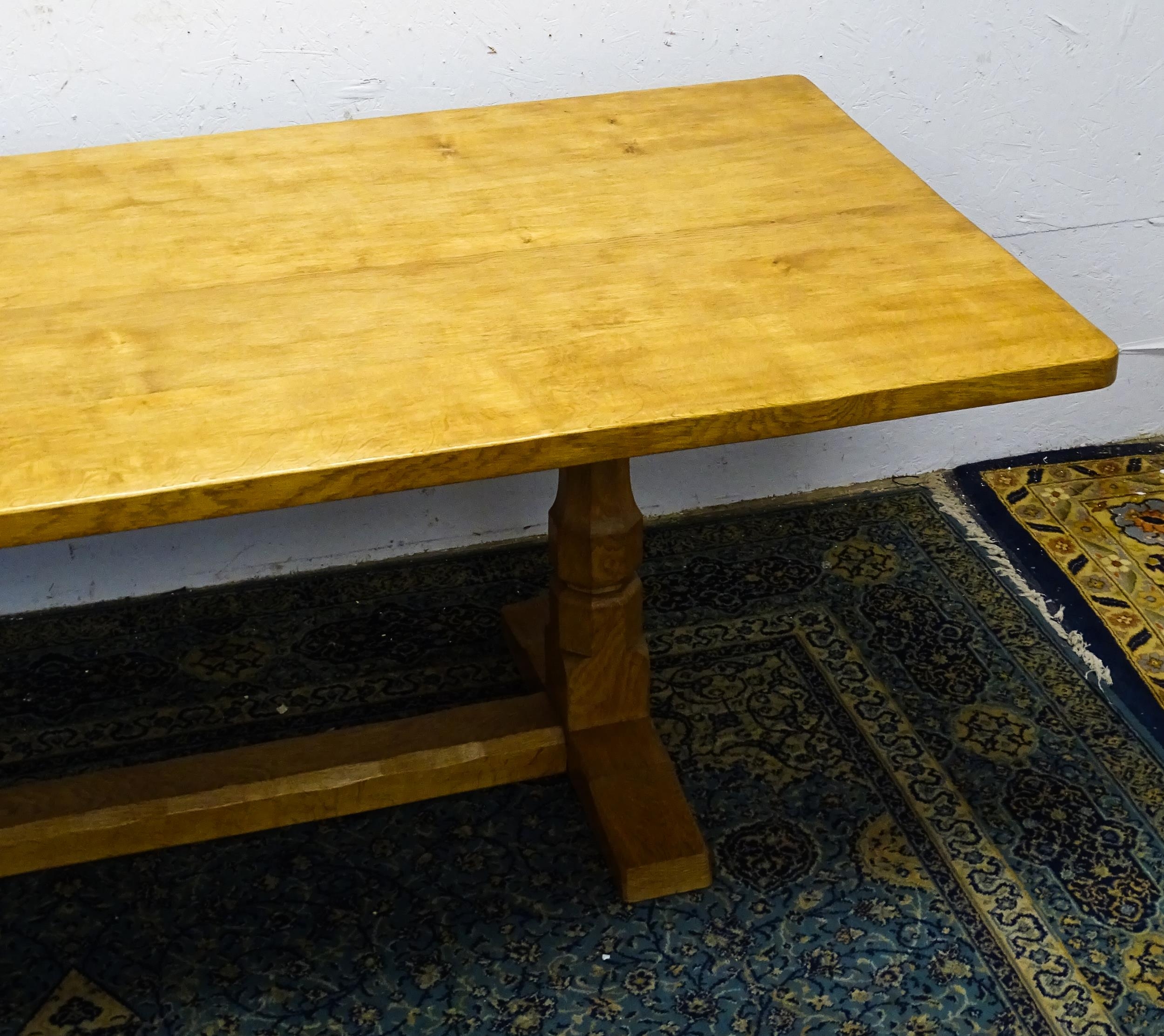 A mid 20thC Robert 'Mouseman' Thompson dining table. The 8ft long oak table top with an adzed finish - Image 21 of 22