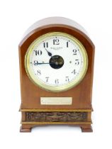 Bulle - Clock : A French mahogany cased electric mantel clock by Bulle. Model BC. The case decorated