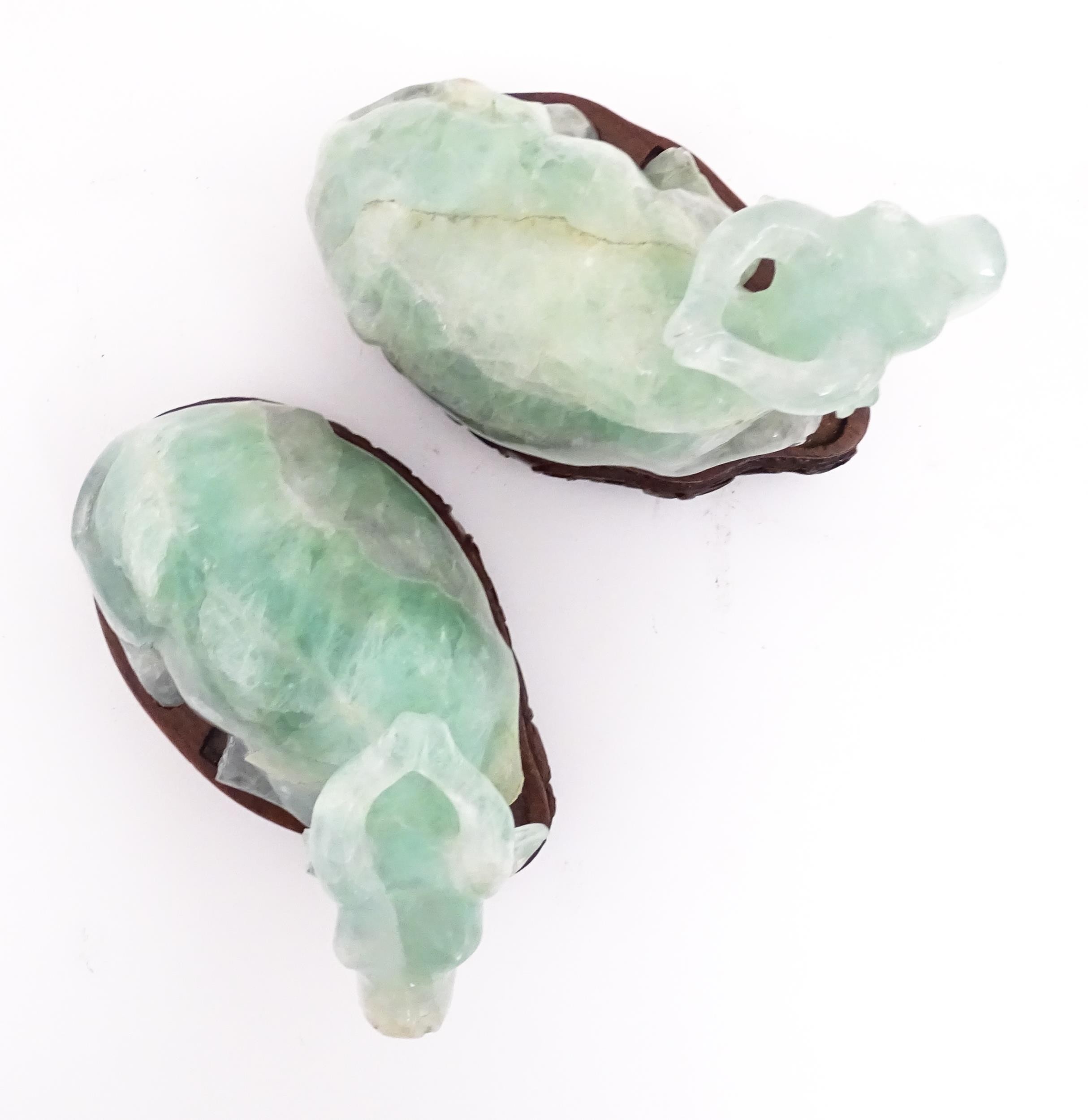 Two Chinese carved green fluorite models of recumbent buffalo, on wooden stands. Approx. 5" wide (2) - Image 7 of 7