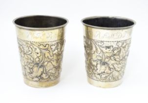 Scandinavian silver : Two early 20thC Danish silver large beakers with floral and acanthus scroll