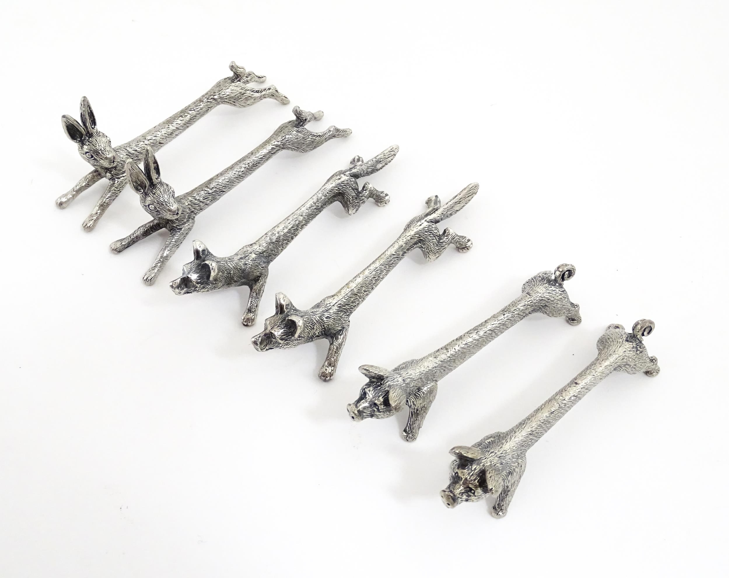 Three pairs of 20thC silver plate novelty knife rests modelled as hares, foxes and boars. Approx. - Image 2 of 15