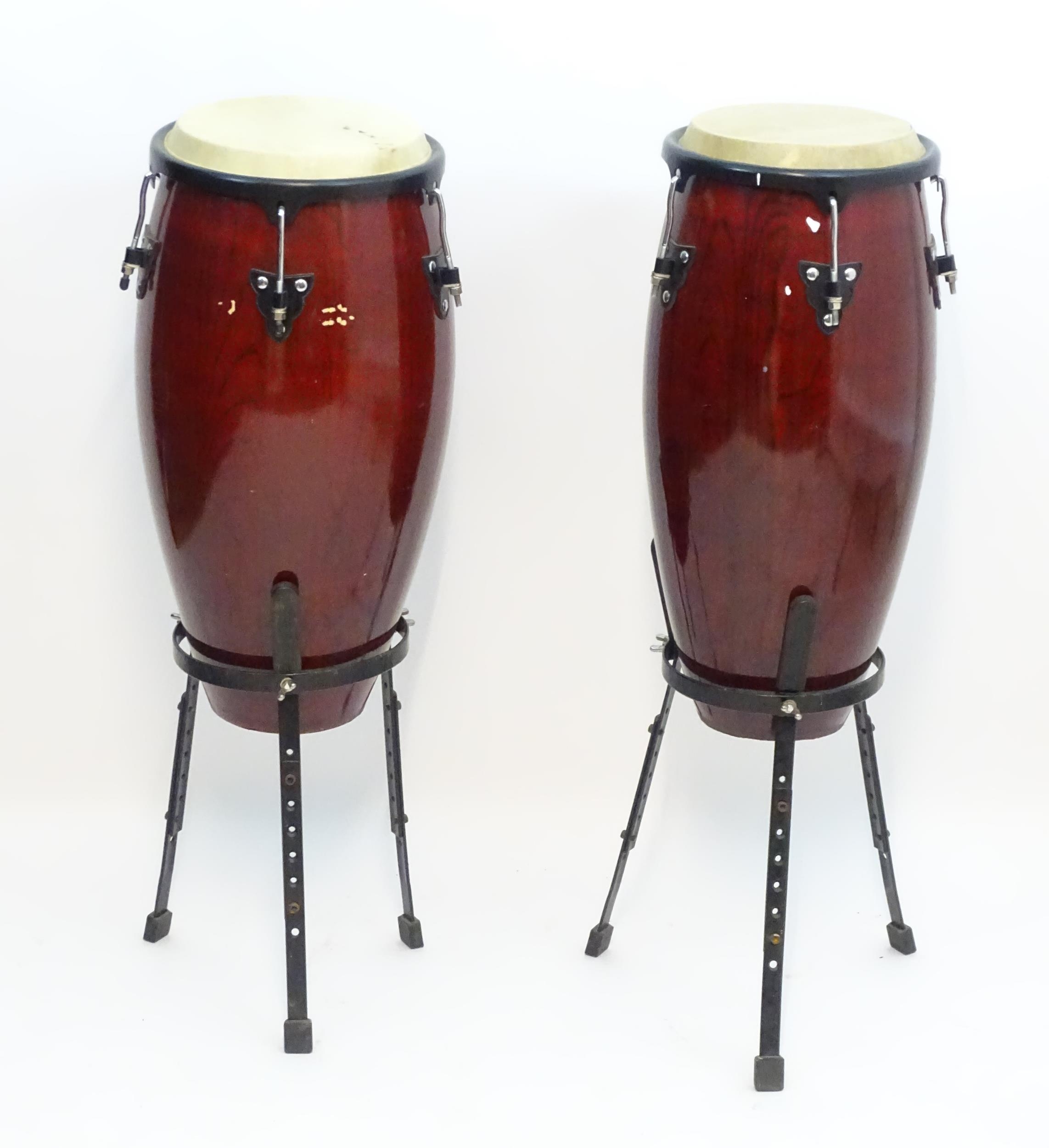 Musical Instruments : a pair of Millenium conga / tumba drums , with tripod stands and a tuning key, - Image 9 of 11