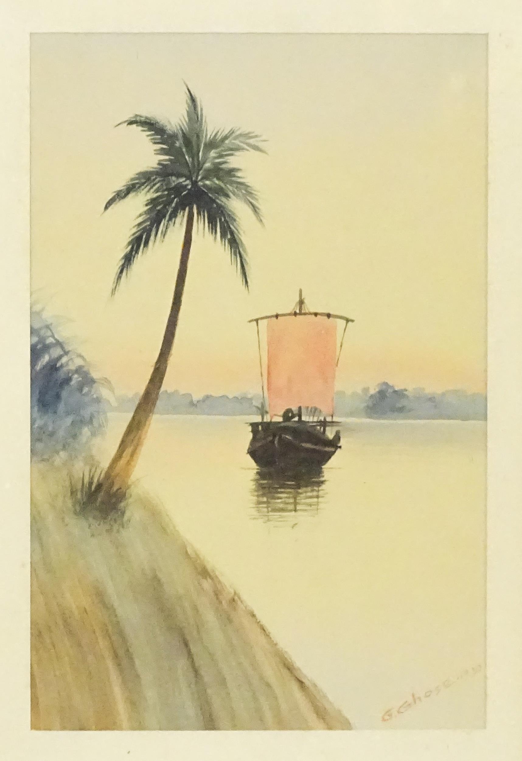 G. Ghose, Early 20th century, Indian School, Watercolours, Three river scenes with fishing boats and - Image 4 of 8