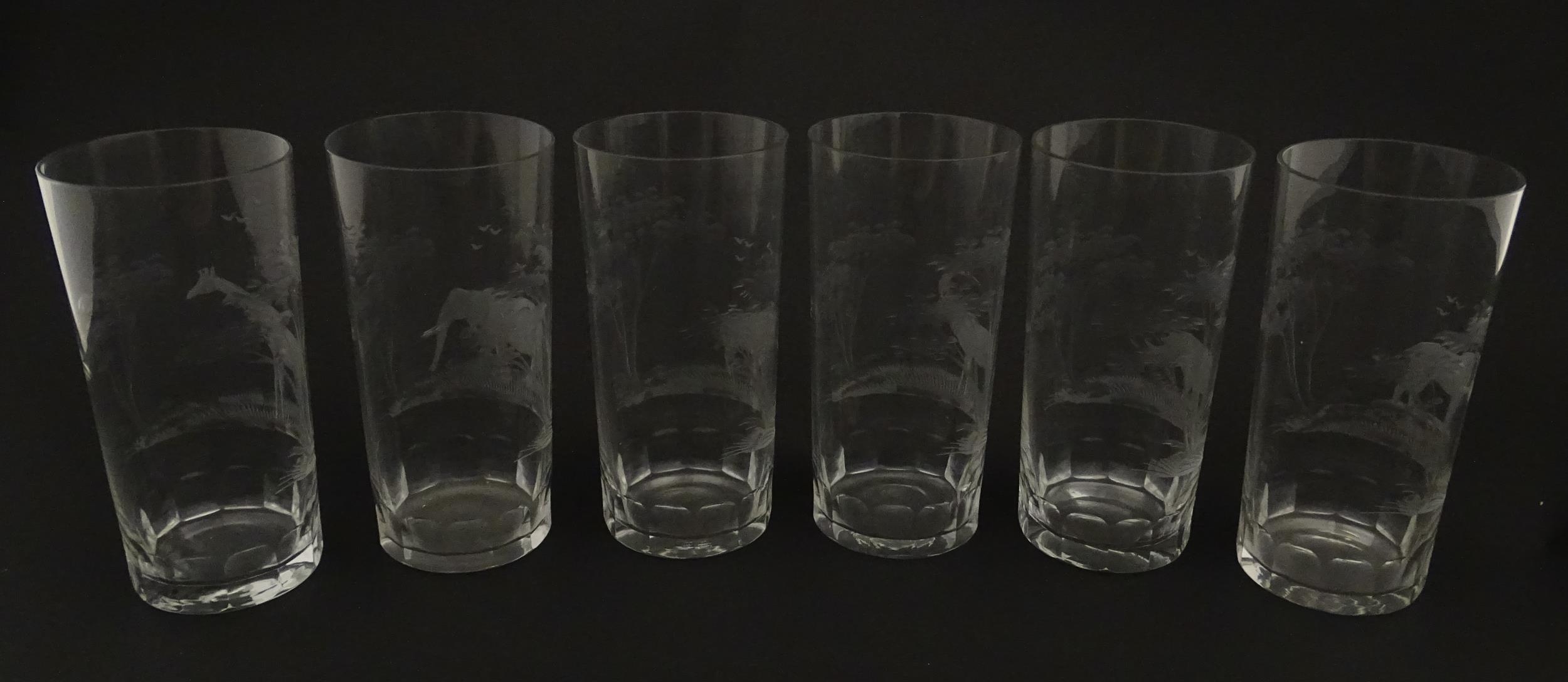 Six Rowland Ward highball glasses with engraved Safari animal detail. Unsigned. Approx. 5 1/2" - Image 15 of 17