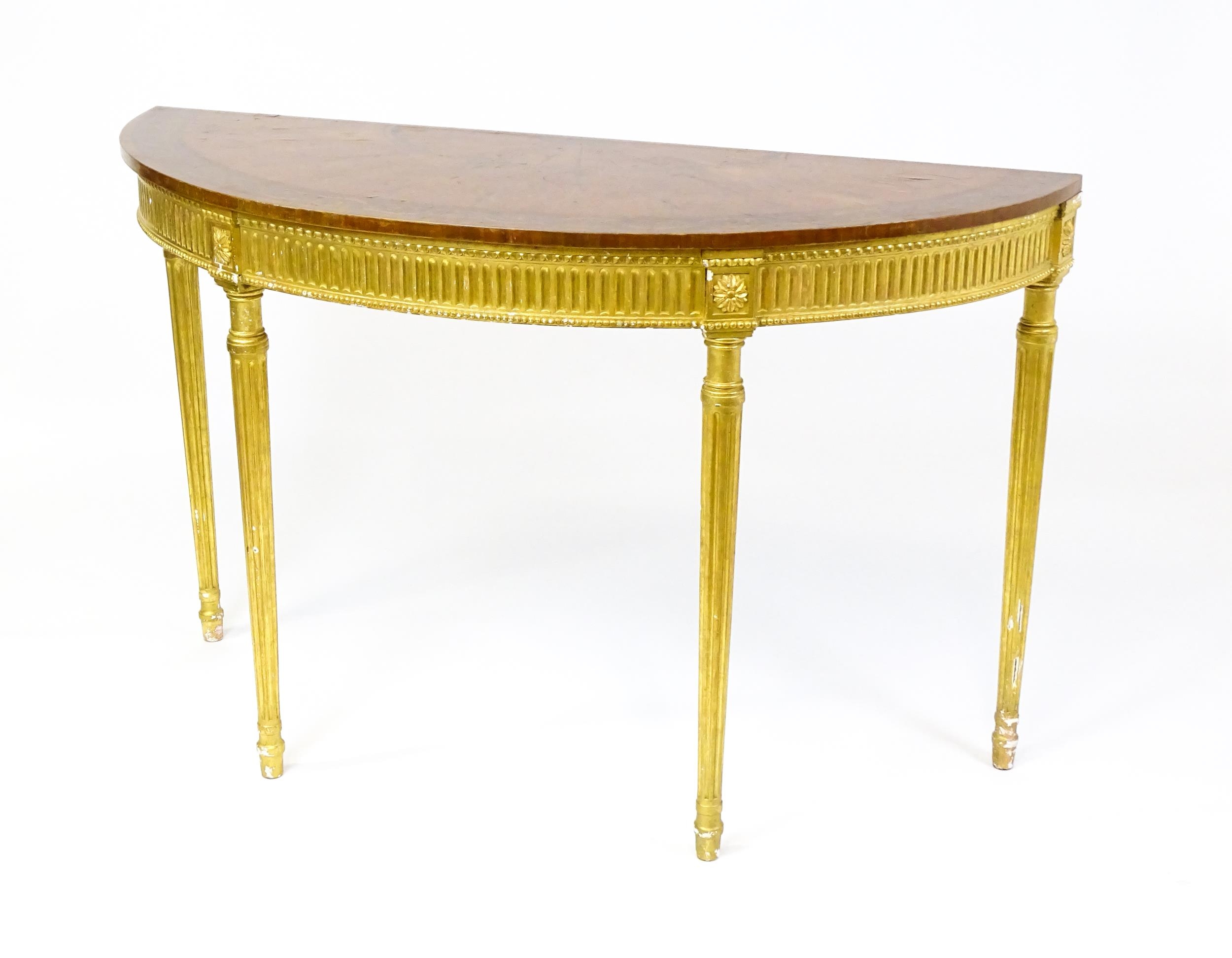 A demi lune console table with a marquetry inlaid top above a fluted frieze and moulded floral - Image 9 of 11