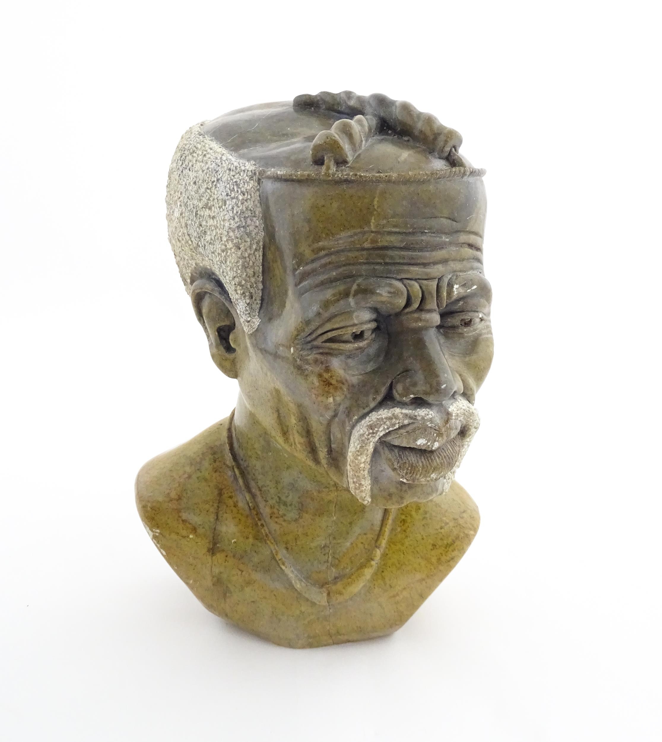 Ethnographic / Native / Tribal : An African carved soapstone bust modelled as a man with a - Image 3 of 9