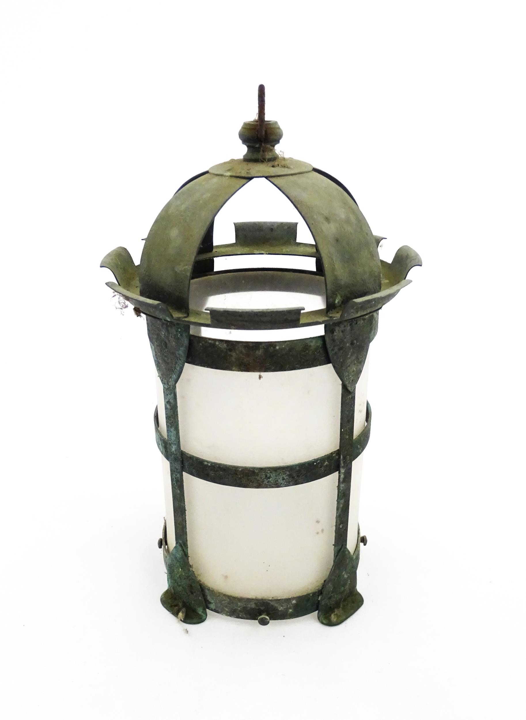 An Arts & Crafts style copper lantern with frosted glass shade. Approx. 14 1/4" high Please Note - - Image 3 of 5