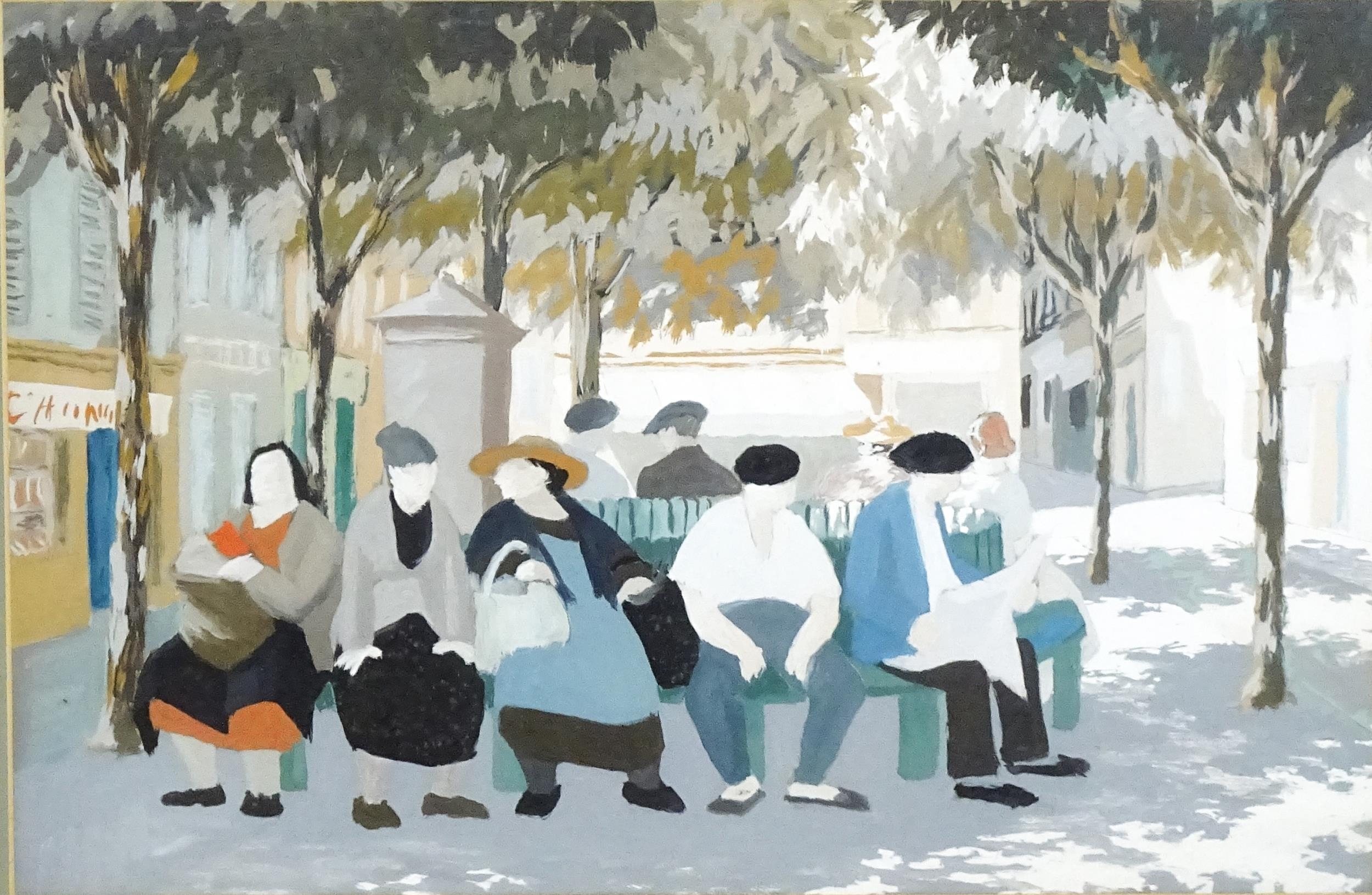 20th century, Watercolour and gouache, A Continental street scene with figures resting on a bench - Image 3 of 3