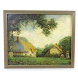 20th century, Oil on hessian canvas, A country scene with figures in a farmyard with thatched