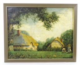 20th century, Oil on hessian canvas, A country scene with figures in a farmyard with thatched