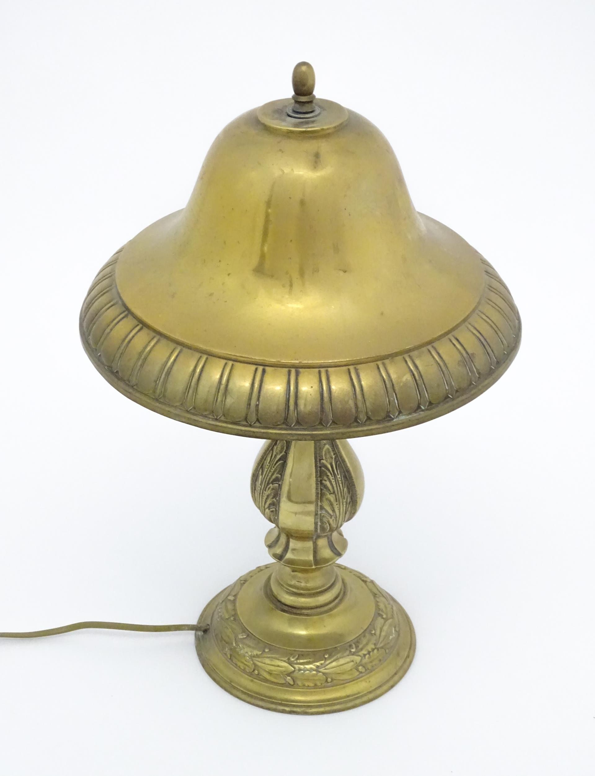 A 20thC brass table lamp with foliate detail and brass domed shade. Approx. 17" high Please Note - - Image 4 of 15