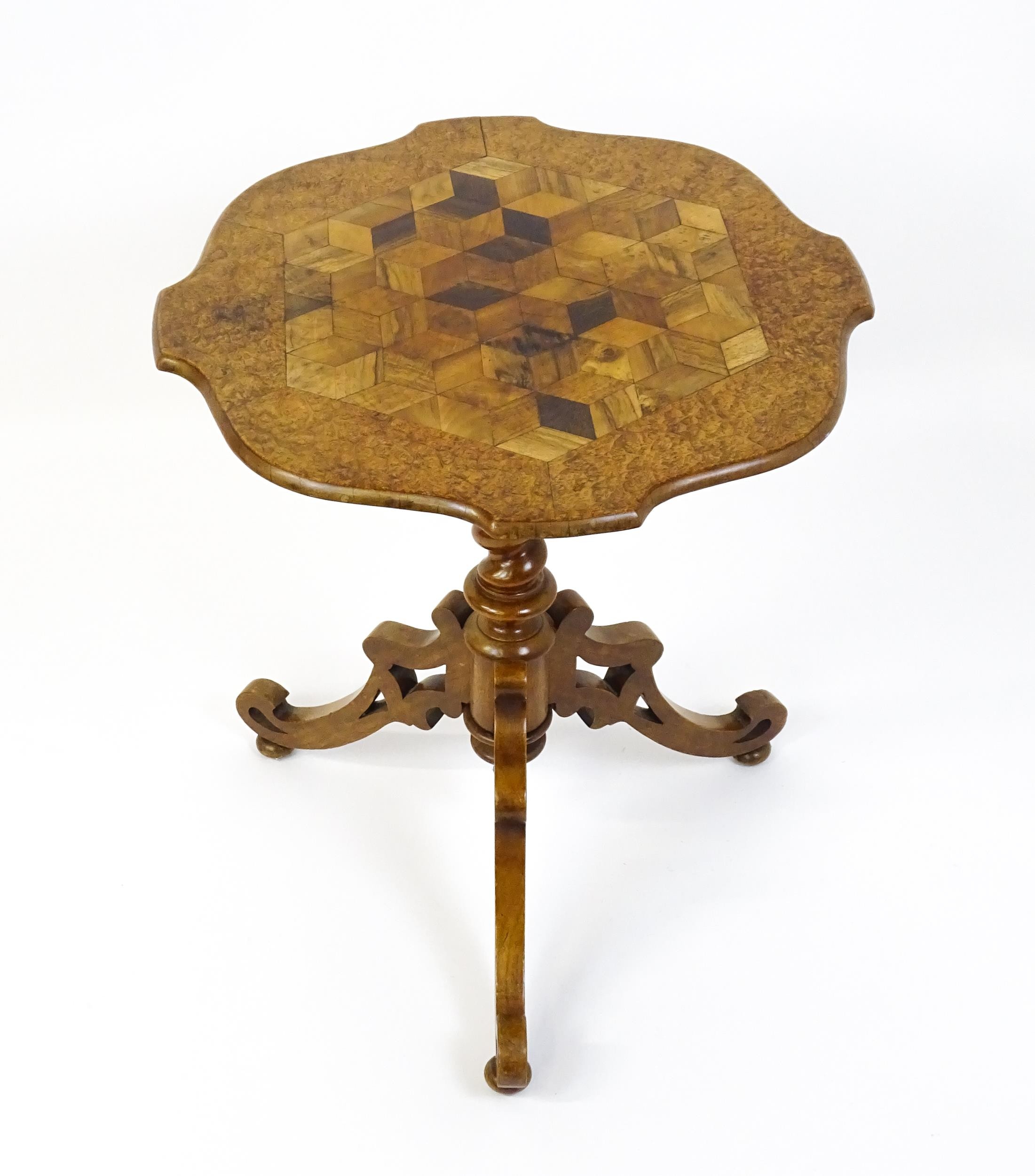 A 19thC tripod table with a burr amboyna veneered top surrounding a central parquetry style sample - Image 6 of 10