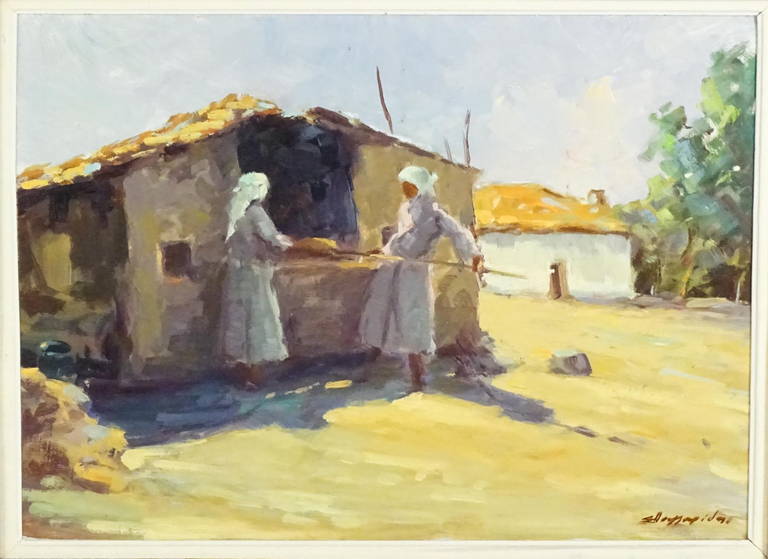 20th century, Oil on board, An Eastern European street scene with two women baking bread. Possibly - Image 3 of 4