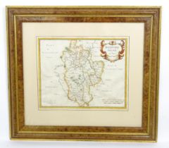 Map: A 17thC engraved and hand coloured map of Bedfordshire after Robert Morden. Approx. 12 1/2" x