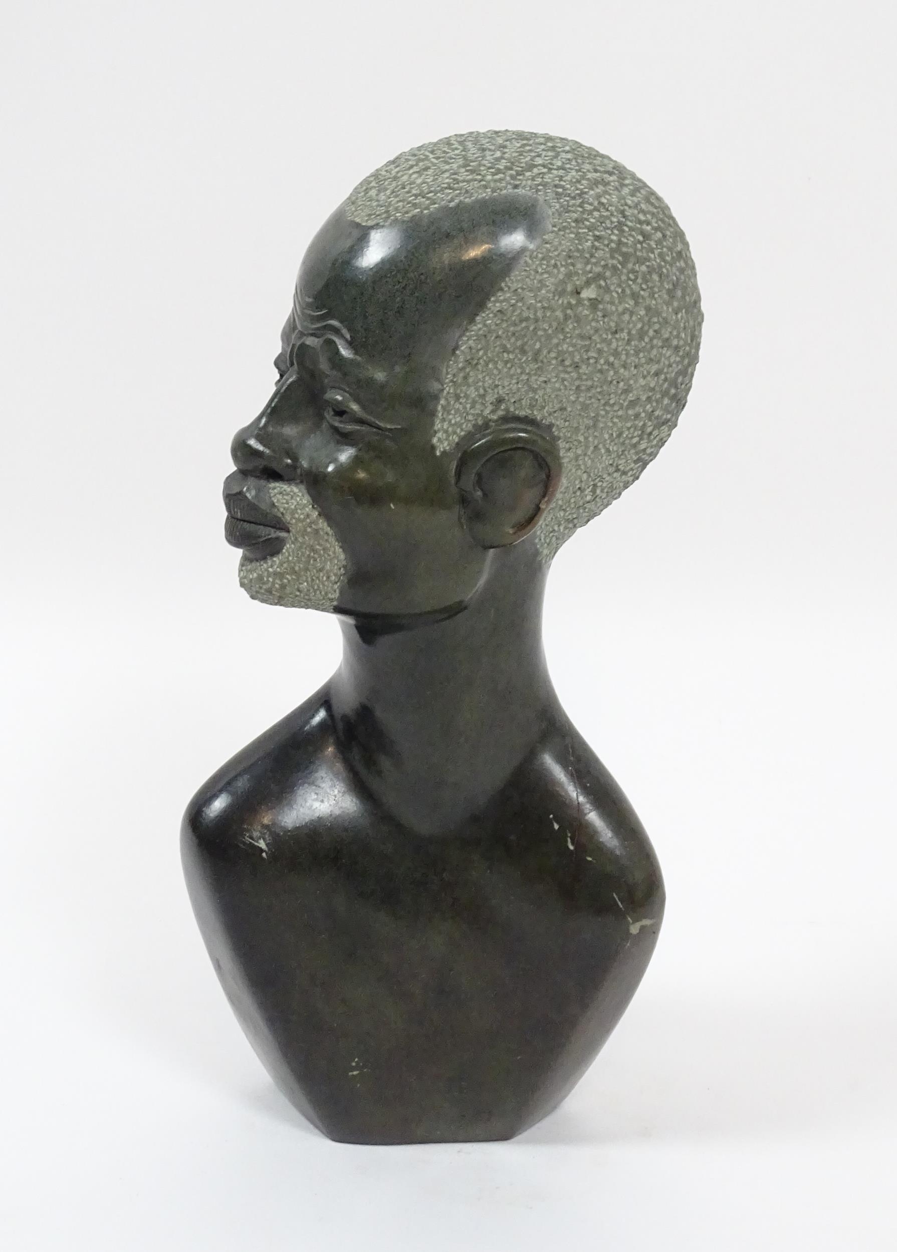 Ethnographic / Native / Tribal : An African carved soapstone bust modelled as the head of a - Image 5 of 7