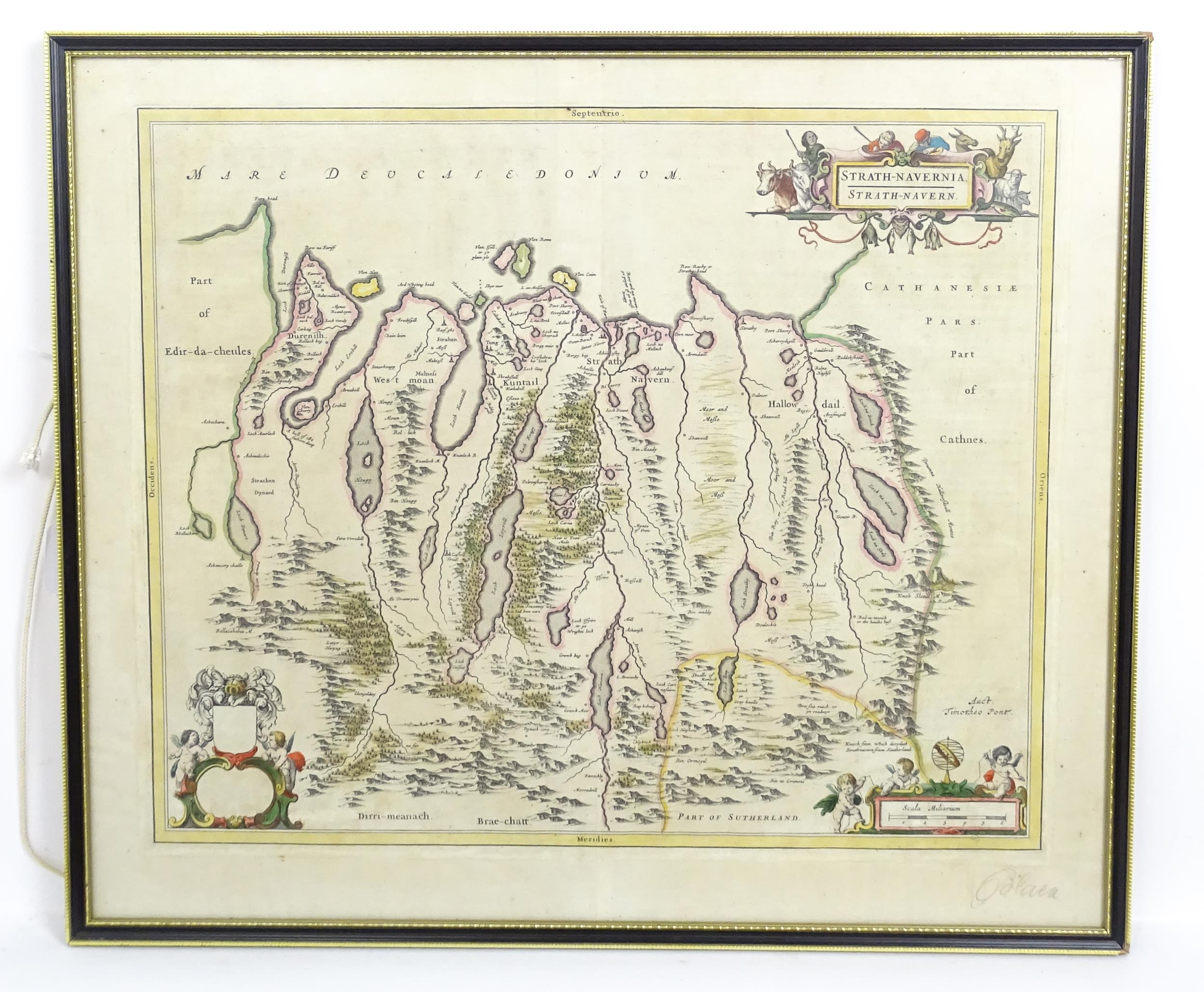 Map: A 17thC engraved and hand coloured map of Scotland titled Strath-Navernia / Strath Navern after