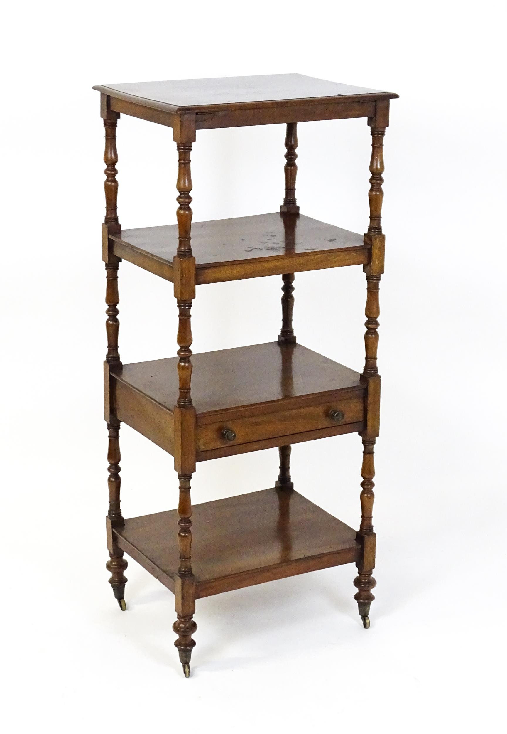 A 19thC mahogany four tier whatnot with the top tier having an adjustable tilt top, the tiers raised - Image 3 of 5