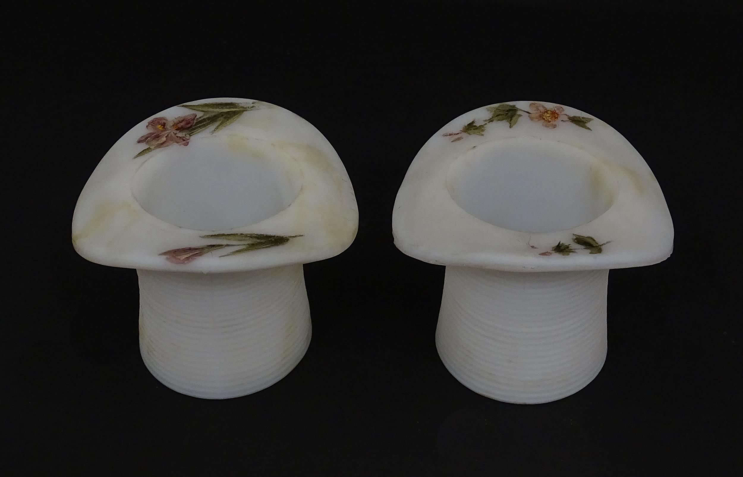 A pair of milk glass match holders / vesta keeps formed as top hats with hand painted floral detail. - Image 6 of 13